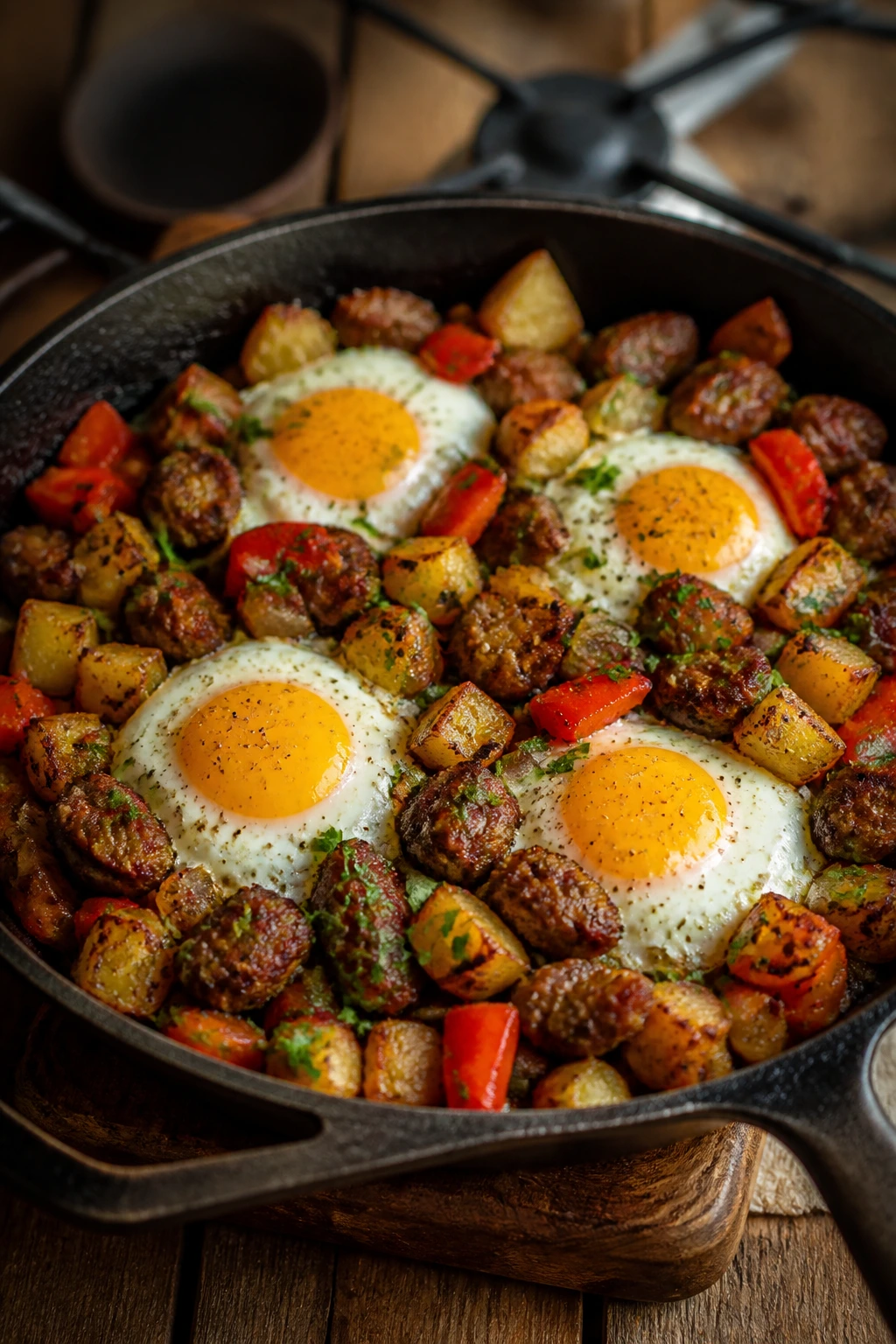 Close-up of a sausage and potato breakfast skillet with eggs