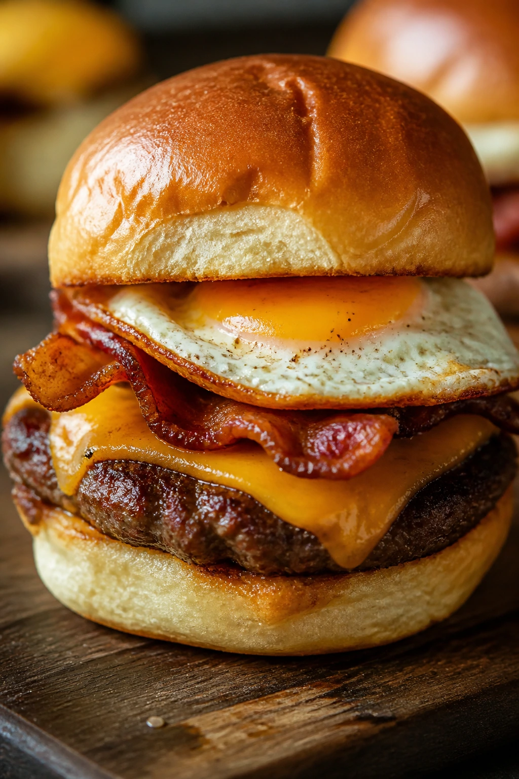 Close-up of a bacon and egg breakfast slider on a brioche bun.