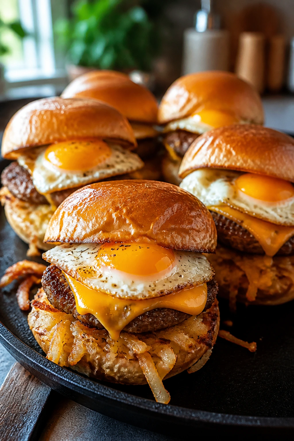Close-up of breakfast burger sliders with egg and hash browns