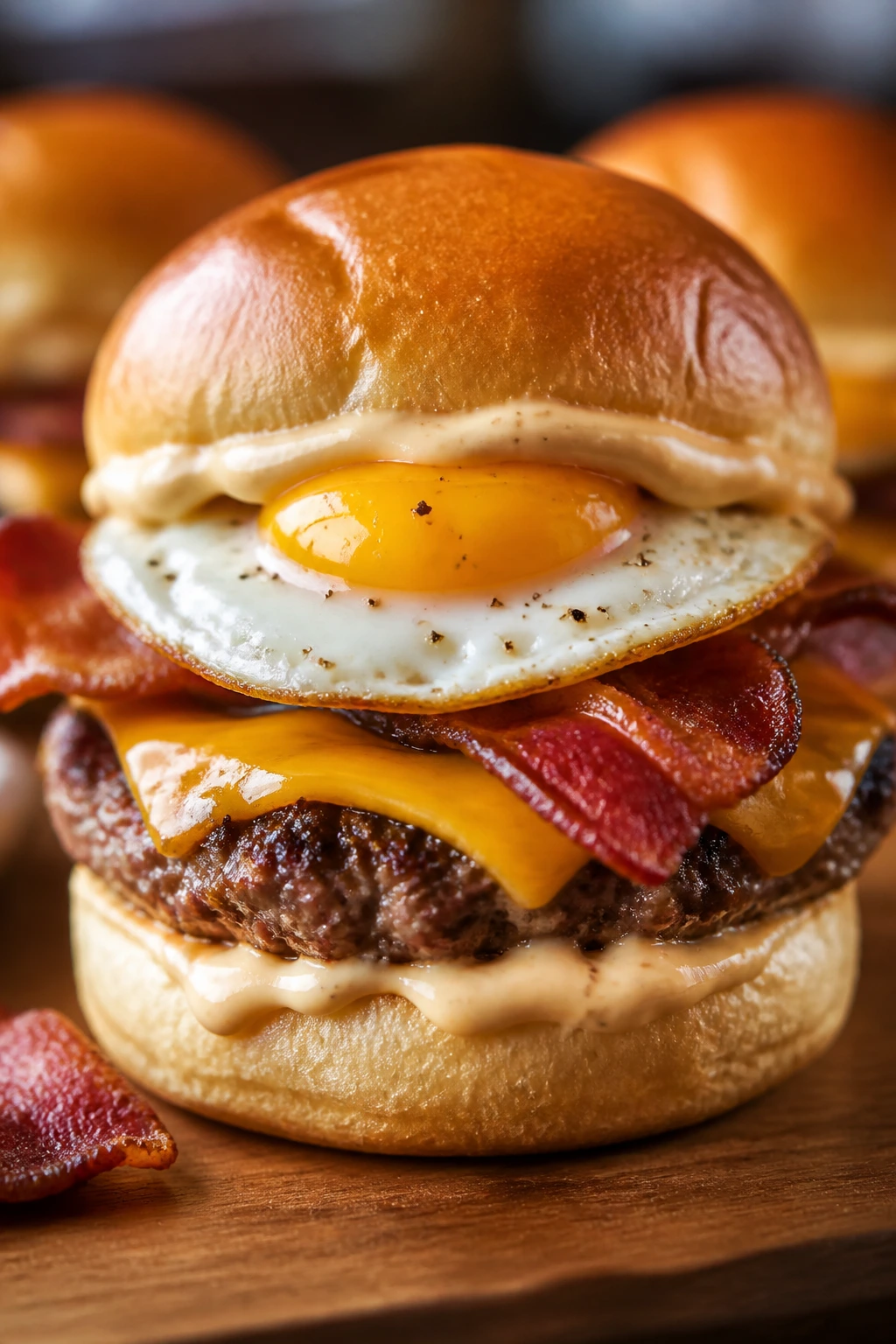 Close-up of a breakfast slider with egg and bacon on a toasted bun