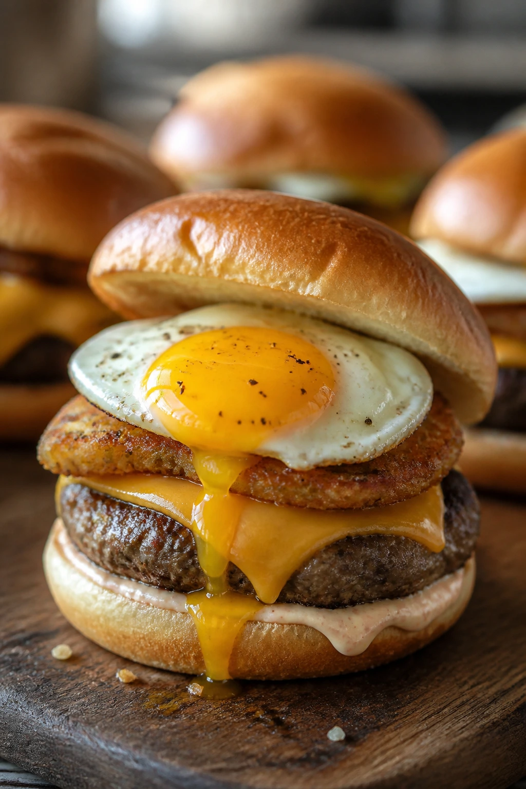 Breakfast egg slider with hash browns and cheddar on wooden board