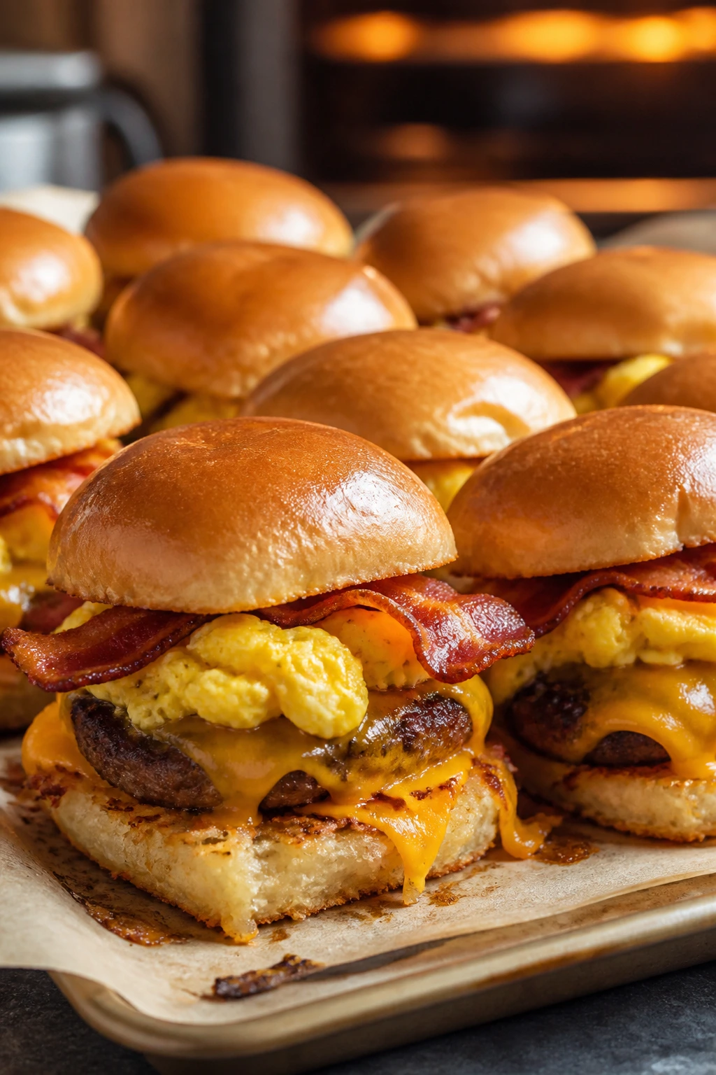 Close-up of Breakfast Burger Sliders with Egg and American cheese, bacon, and hash browns on a baking tray