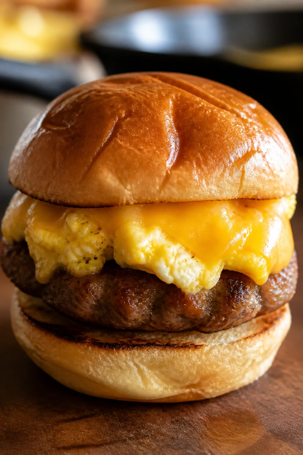 Close-up of breakfast sausage egg and cheese slider with eggs and cheddar