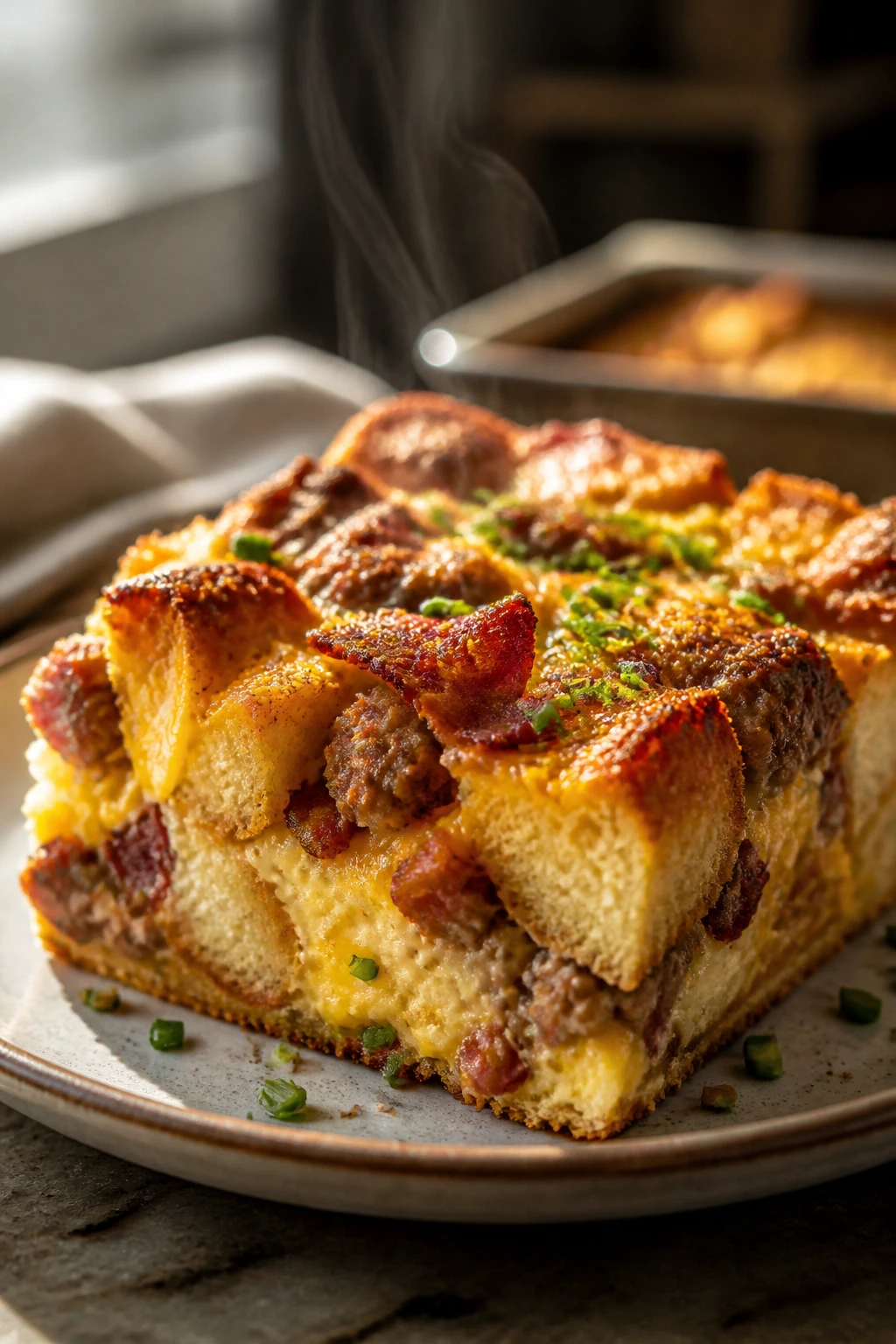Slice of breakfast strata with bacon and sausage on plate