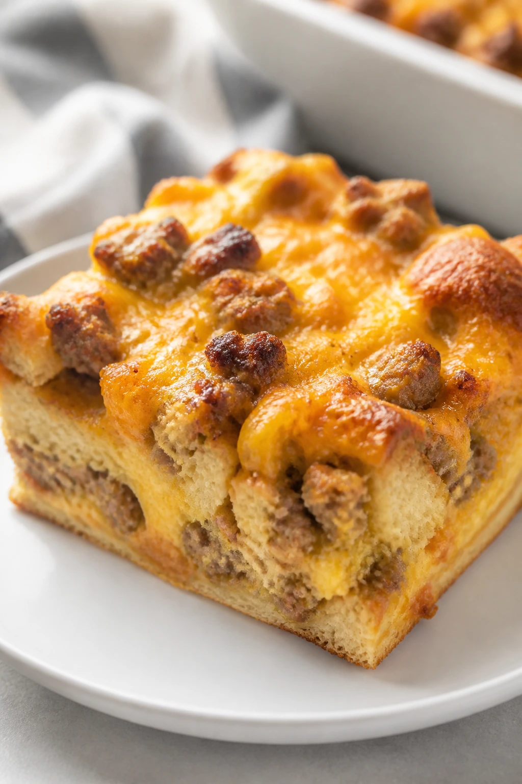 Slice of breakfast strata with beef sausage and cheddar on plate