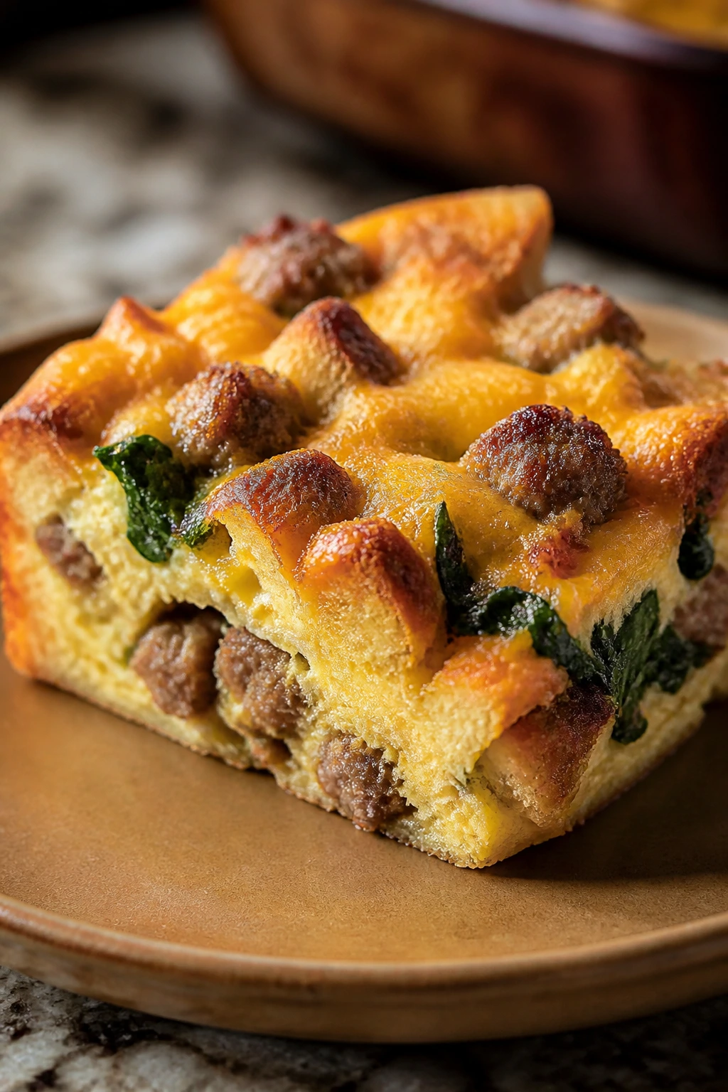Golden wedge of sausage breakfast strata on a plate.
