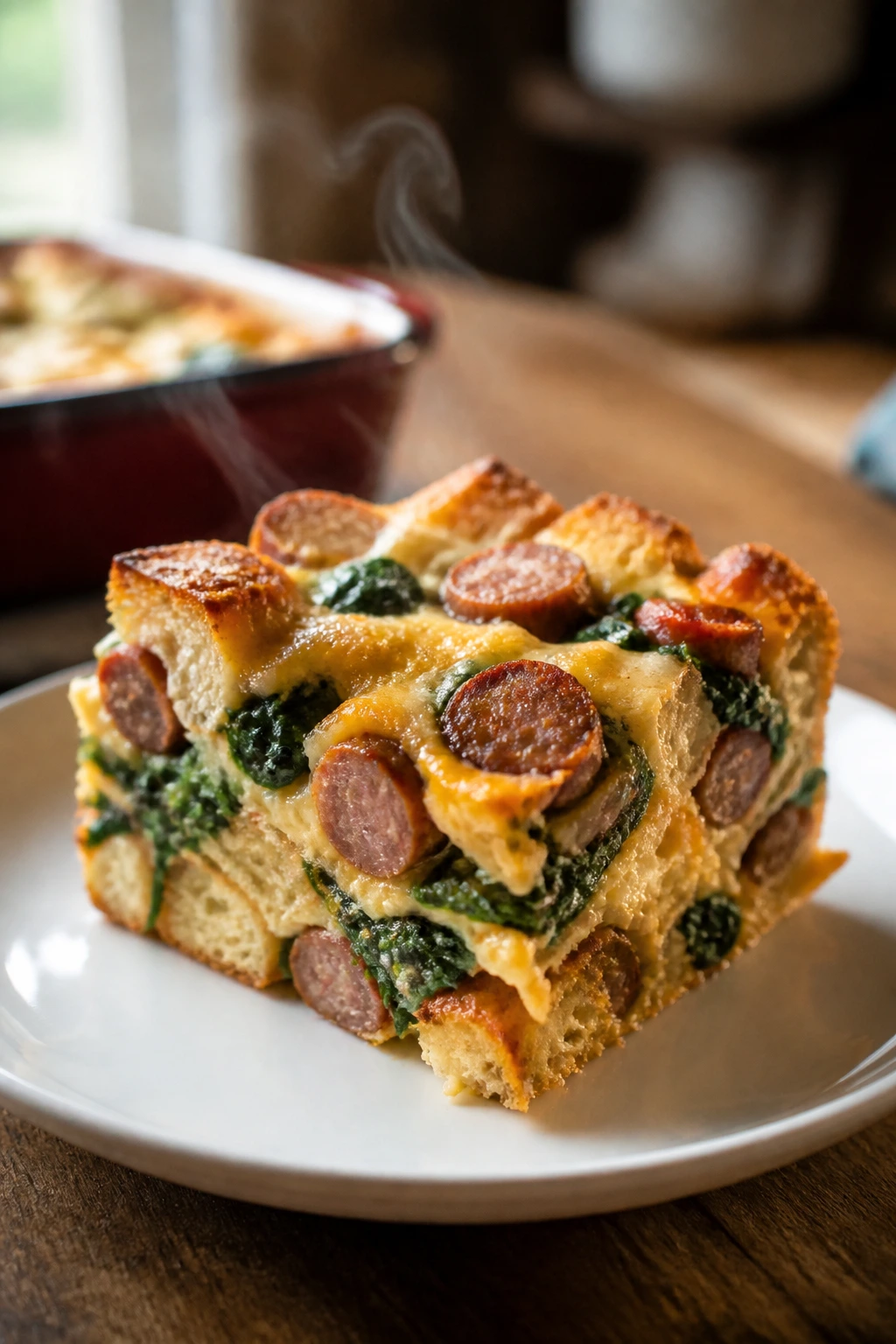 Slice of breakfast strata with sausage, spinach and cheddar on a plate