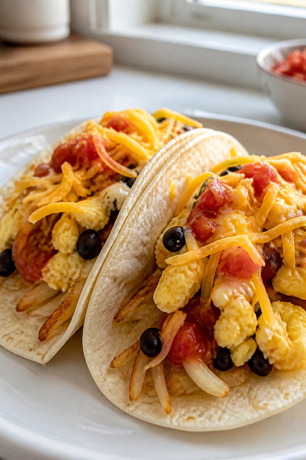 Close-up of two breakfast scramble tacos on a bright counter