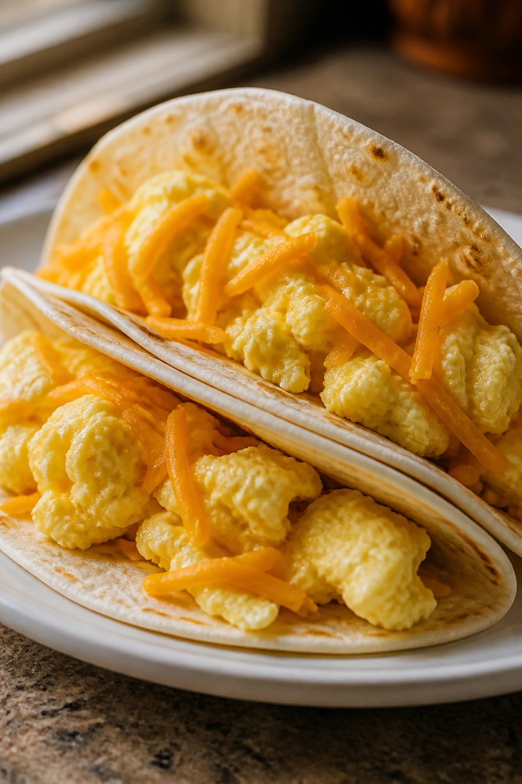 Close-up of breakfast tacos with eggs and cheese on a plate in a sunlit kitchen
