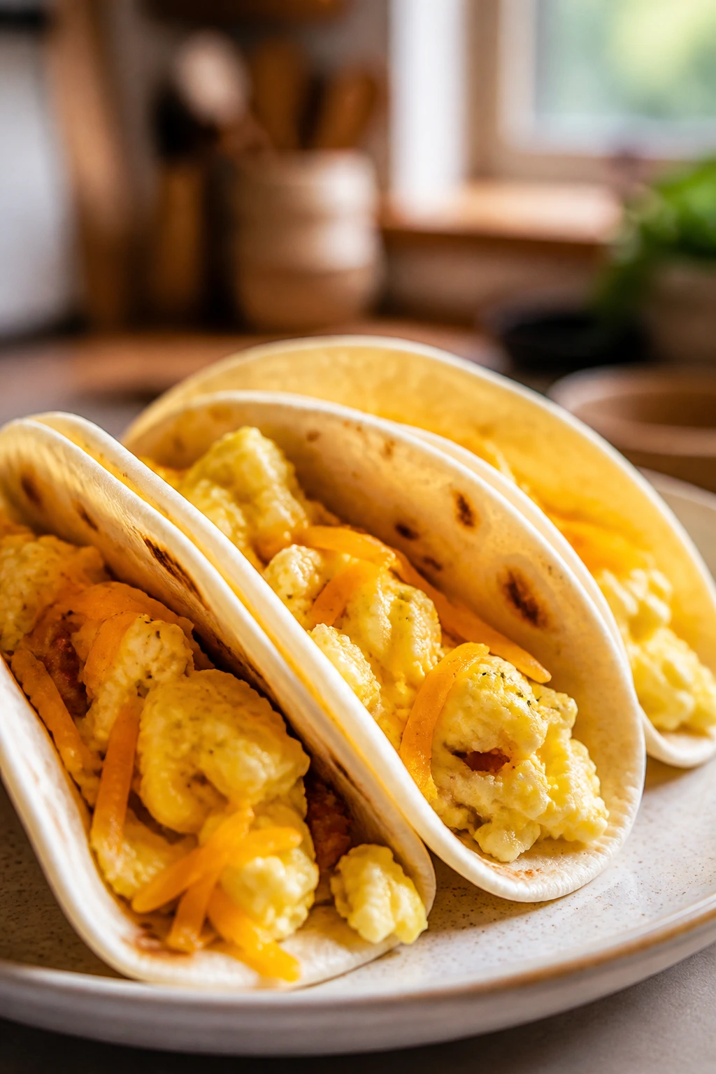 Three breakfast tacos with eggs cheese on a plate in a cozy kitchen