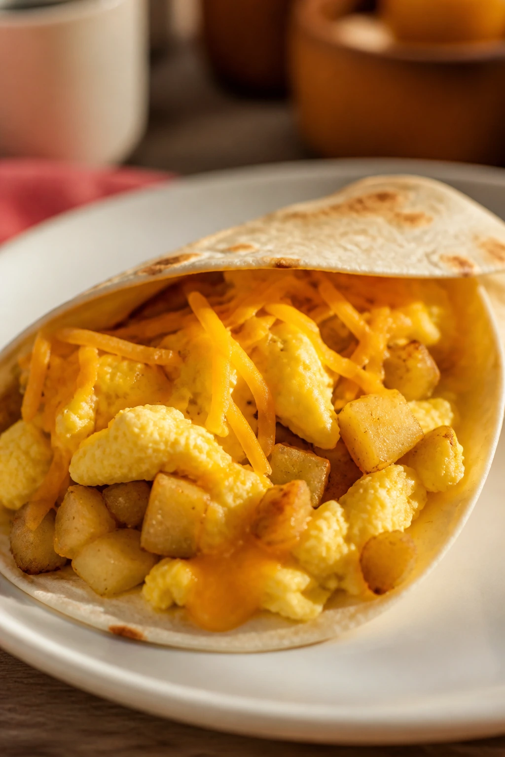 Close-up of a breakfast taco with eggs and potatoes on a plate