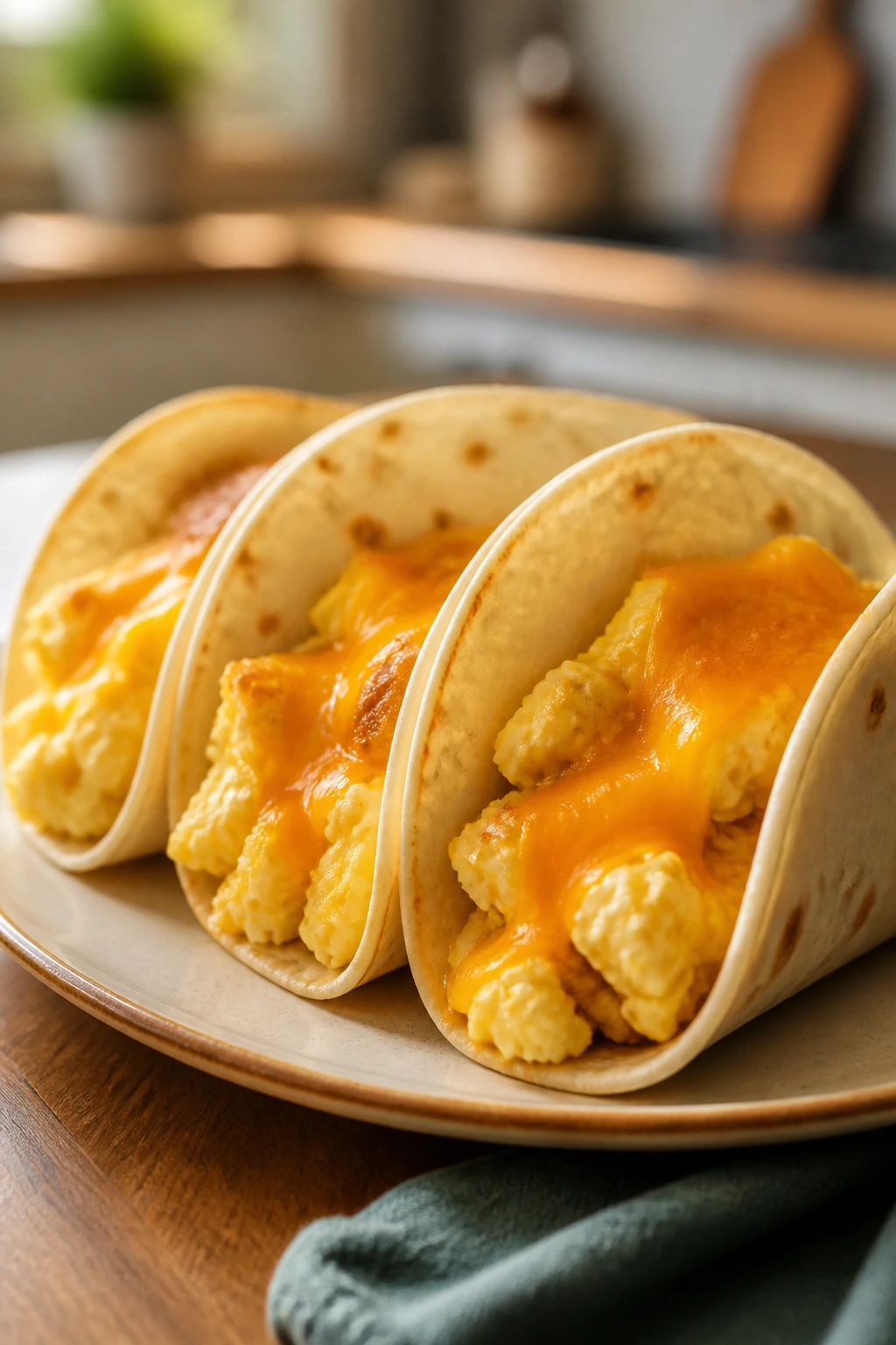 Close-up of fluffy eggs and cheddar-filled breakfast tacos on a warm plate in a cozy kitchen