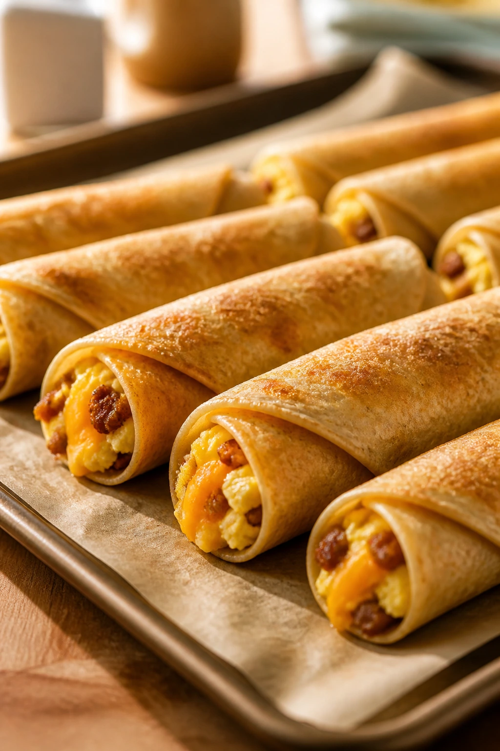 Close-up of crispy breakfast taquitos on parchment in a warm kitchen