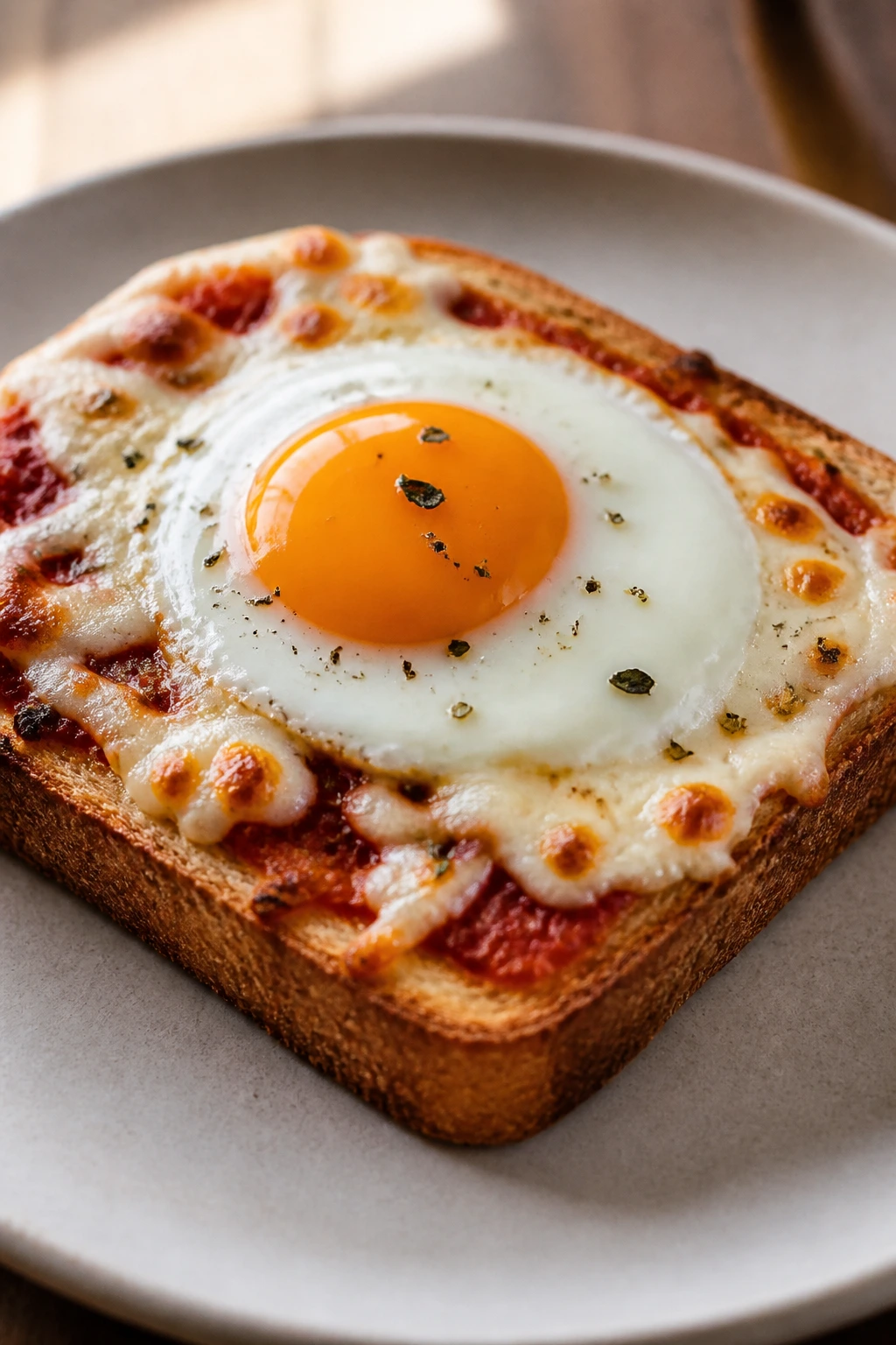 Close-up of breakfast toast with sauce, cheese, and egg