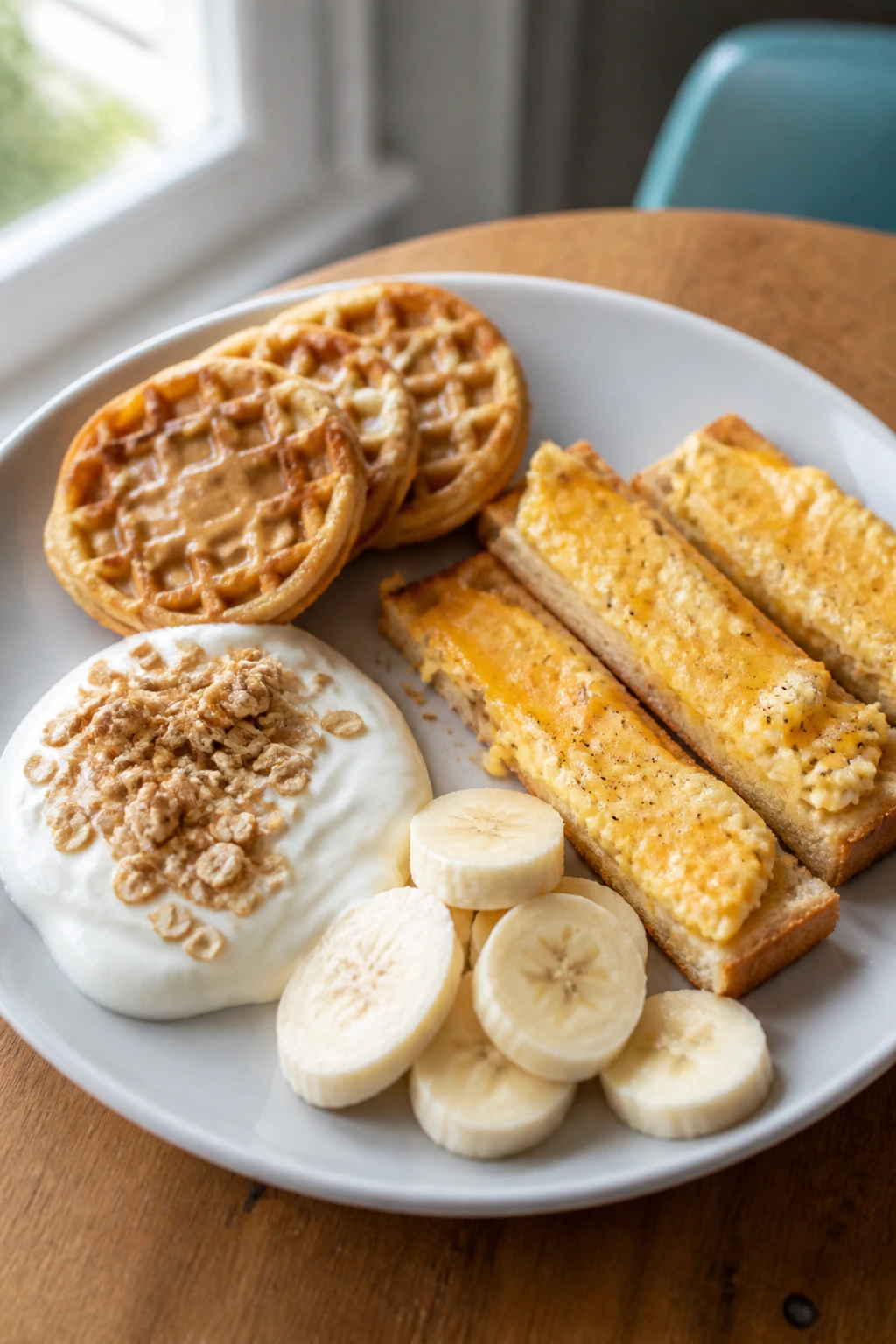 Breakfast plate with waffles, toast soldiers, yogurt, and banana slices