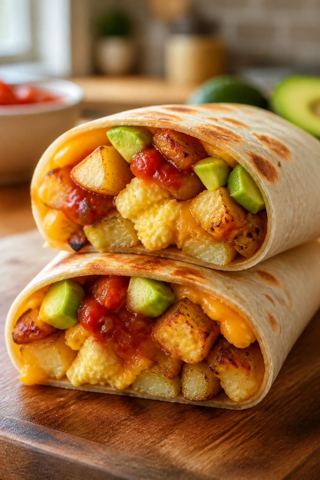 Cross-section of breakfast wrap with eggs, potatoes, cheddar, salsa, avocado.
