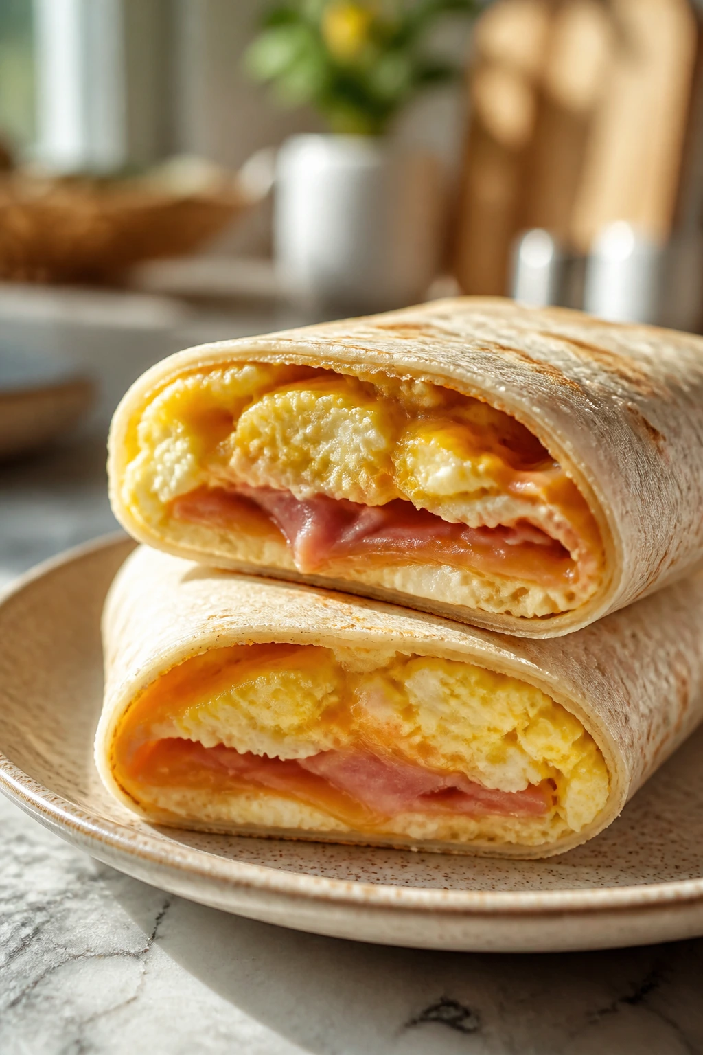 Close-up of a sliced breakfast egg wrap showing eggs, cheese, and ham