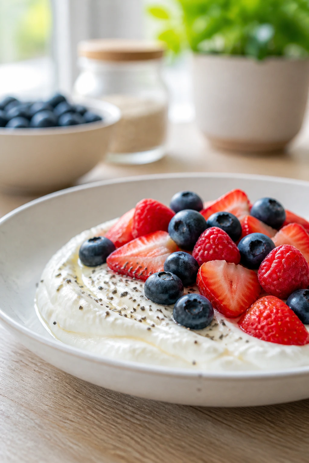Close-up of a yogurt and berry breakfast plate