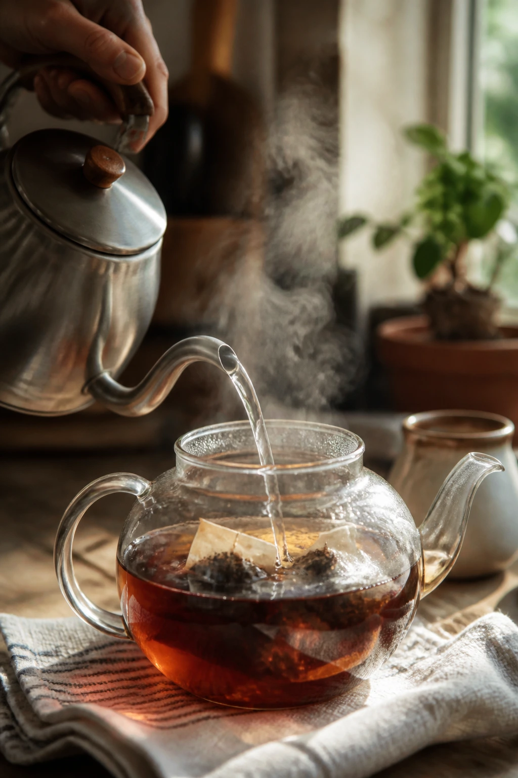 Hand pouring hot water into a teapot with tea bags steeping