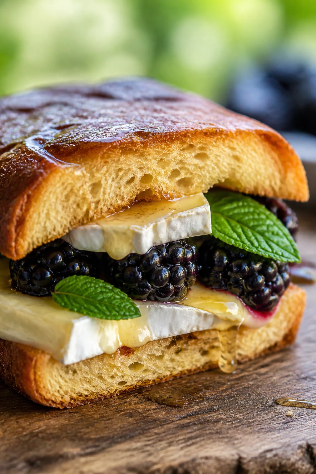 Half brioche sandwich with brie, blackberries, and honey on a rustic surface