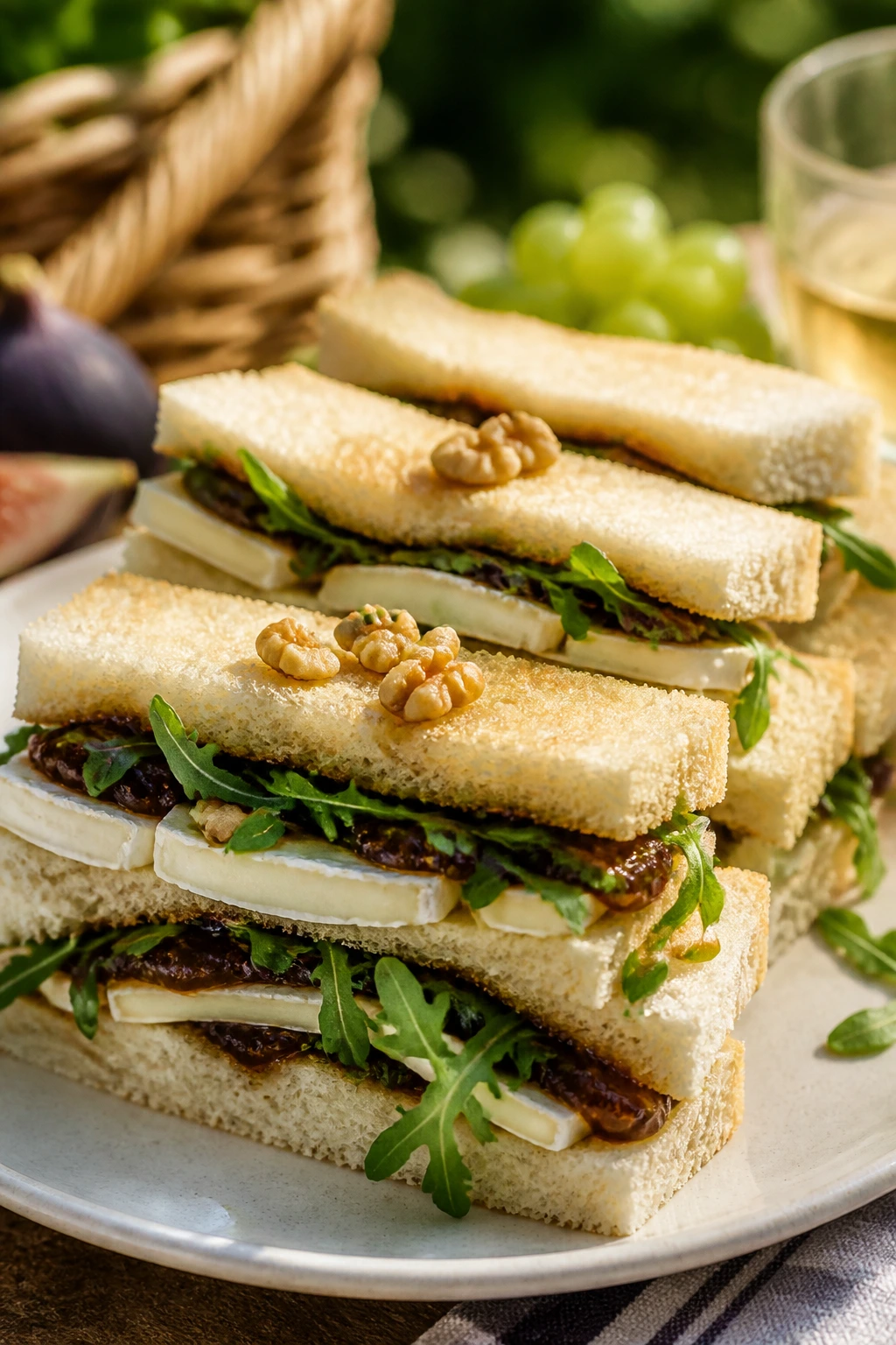 Close-up of brie fig arugula finger sandwiches on brioche at a garden picnic
