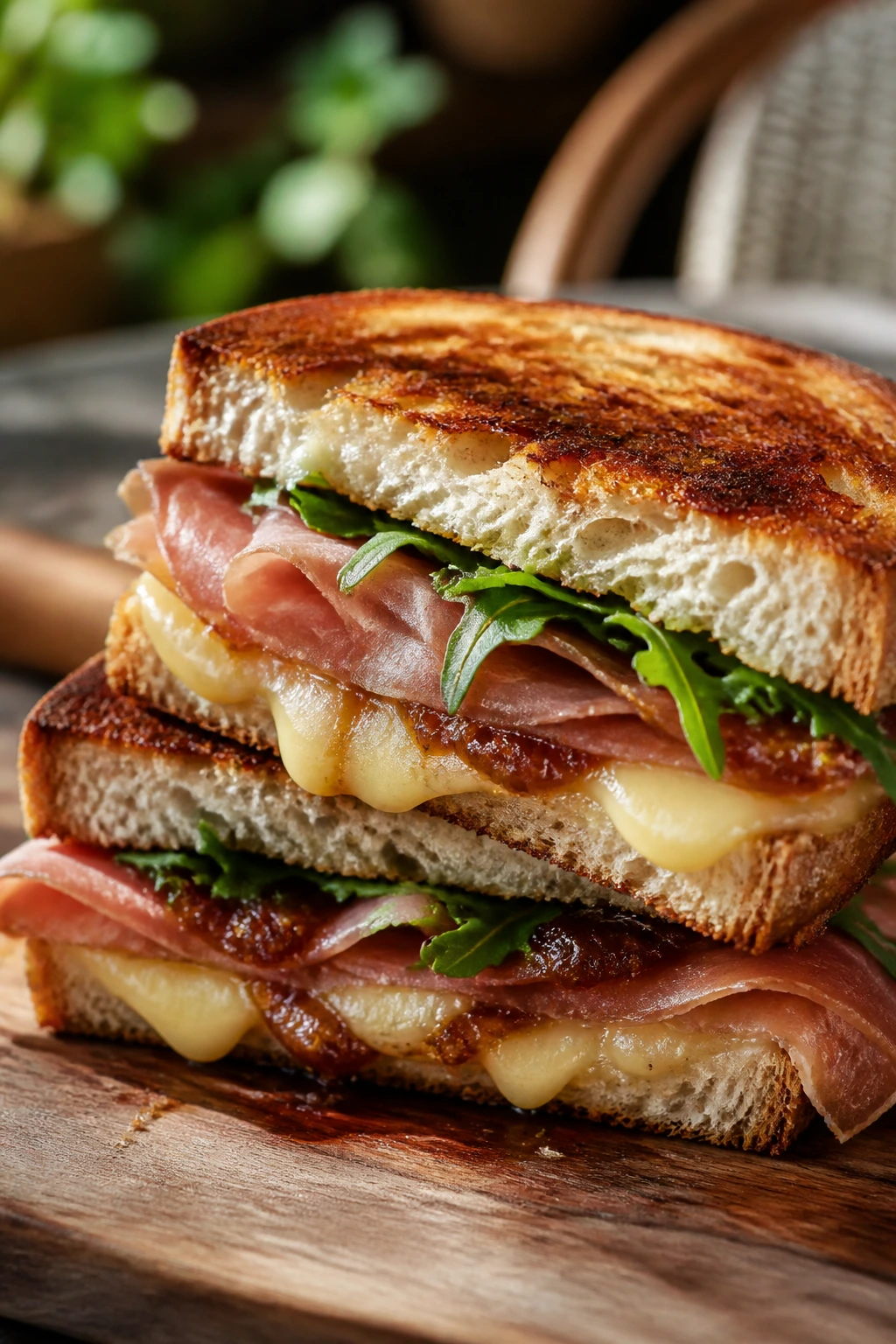 Close-up of Brie Fig Prosciutto grilled sandwich with arugula