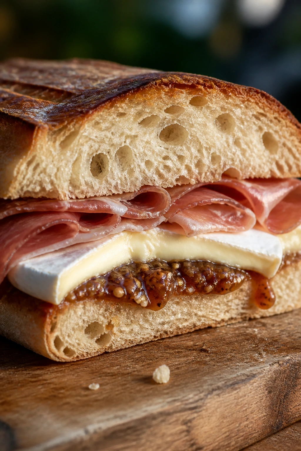 Cross-section of Brie, prosciutto, and fig jam sandwich on crusty bread outdoors