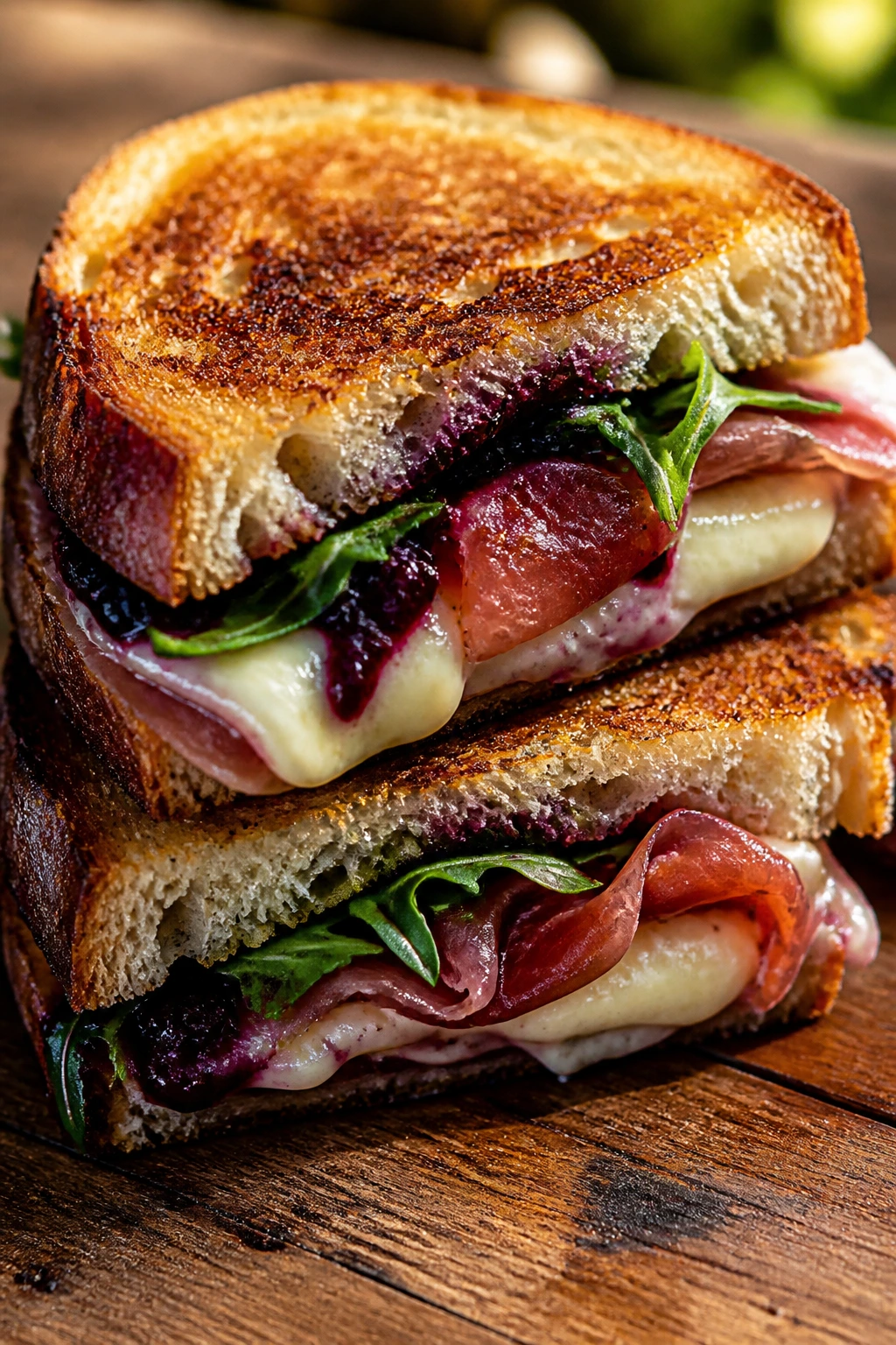 Close-up of Blackberry Brie and Prosciutto Melt with Brie, prosciutto, and blackberry jam on grilled sourdough