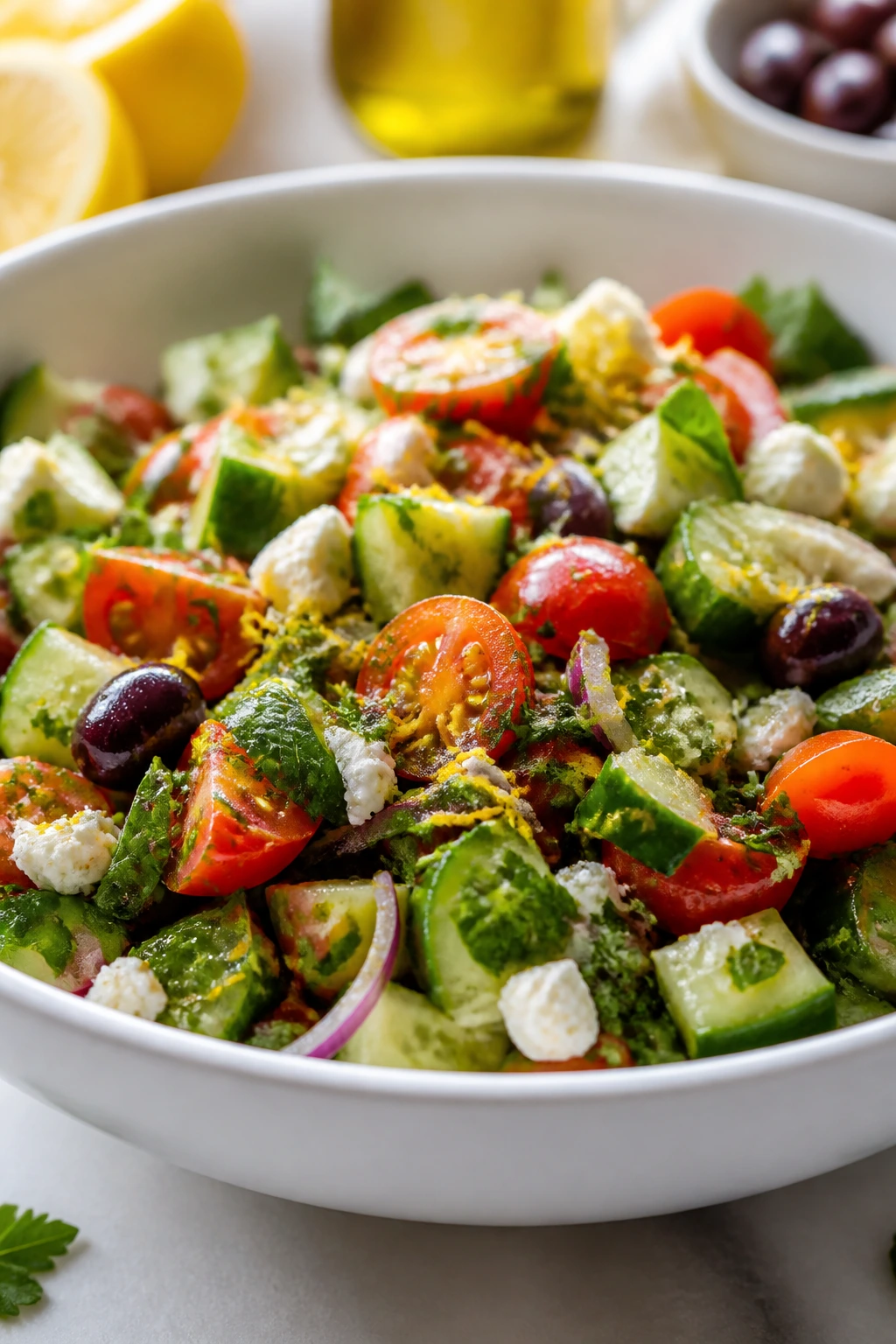 Bright Mediterranean salad with lemon zest on greens
