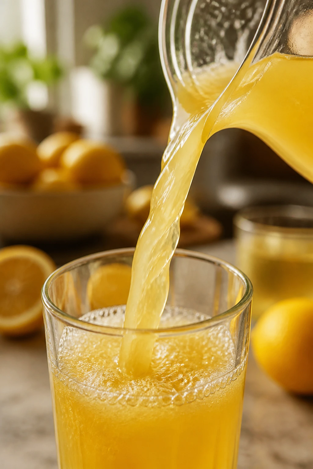 Close-up of lemon juice being poured into a glass with bright color