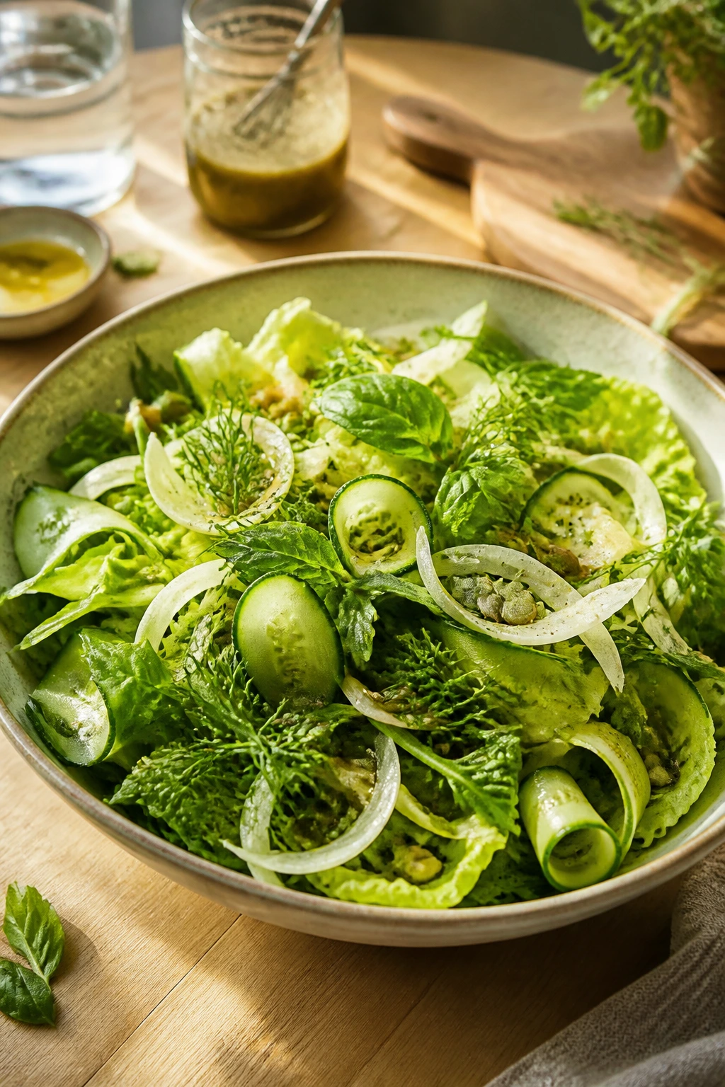 Bright plated salad showing structure with greens, cucumber ribbons, fennel