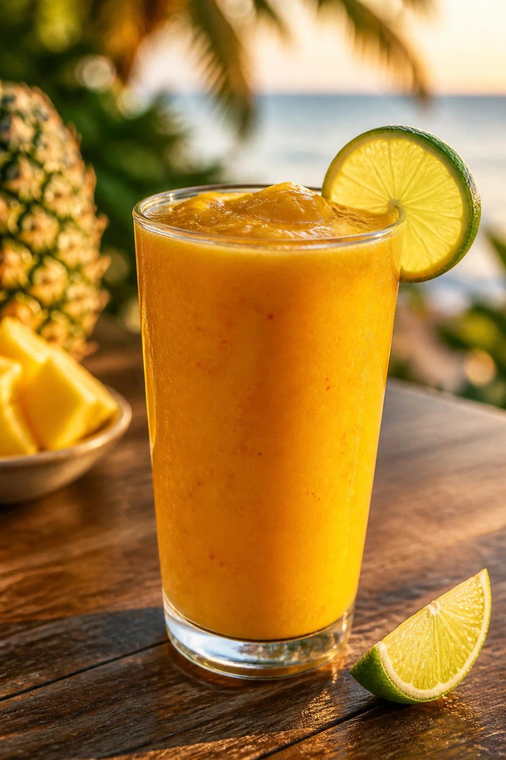 Bright tropical smoothie in a glass on a sunlit table
