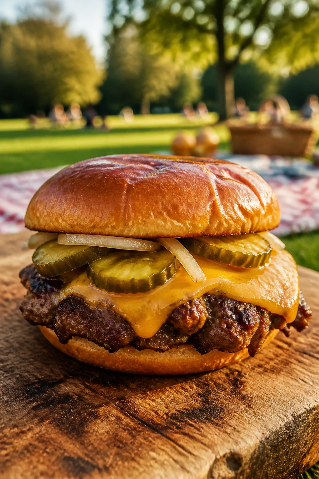Close-up of brioche smash burger sandwich with melted cheese and pickles on a wooden board