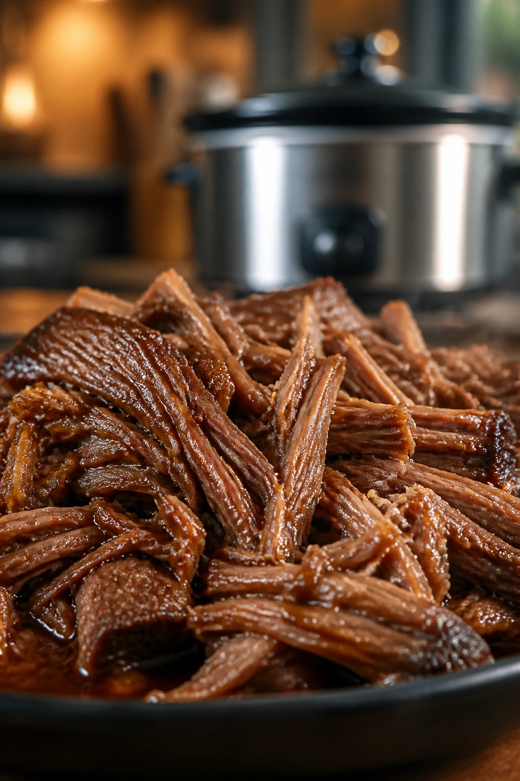 Close-up of glossy shredded brisket in sauce