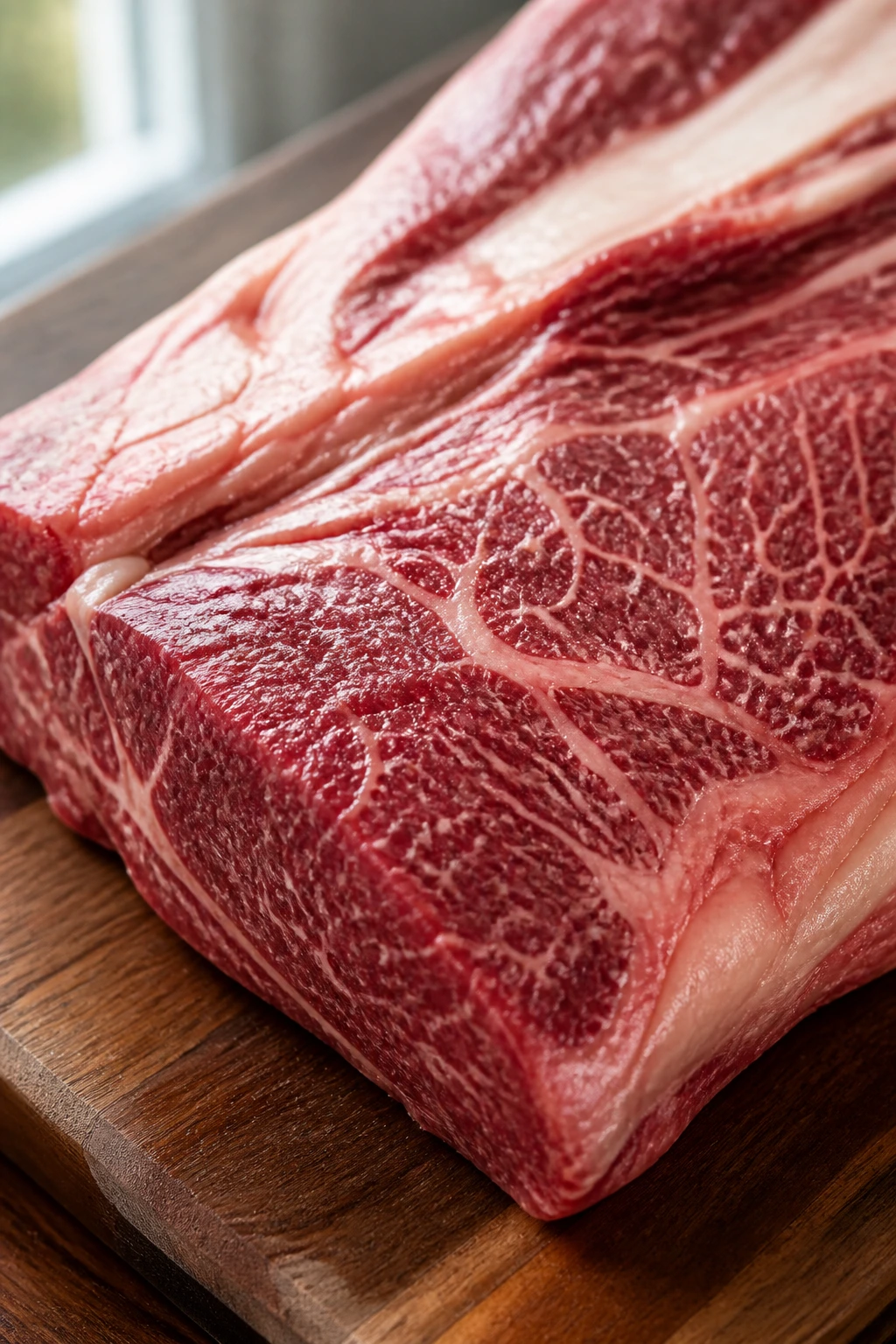 Close-up marbled brisket on a wooden board