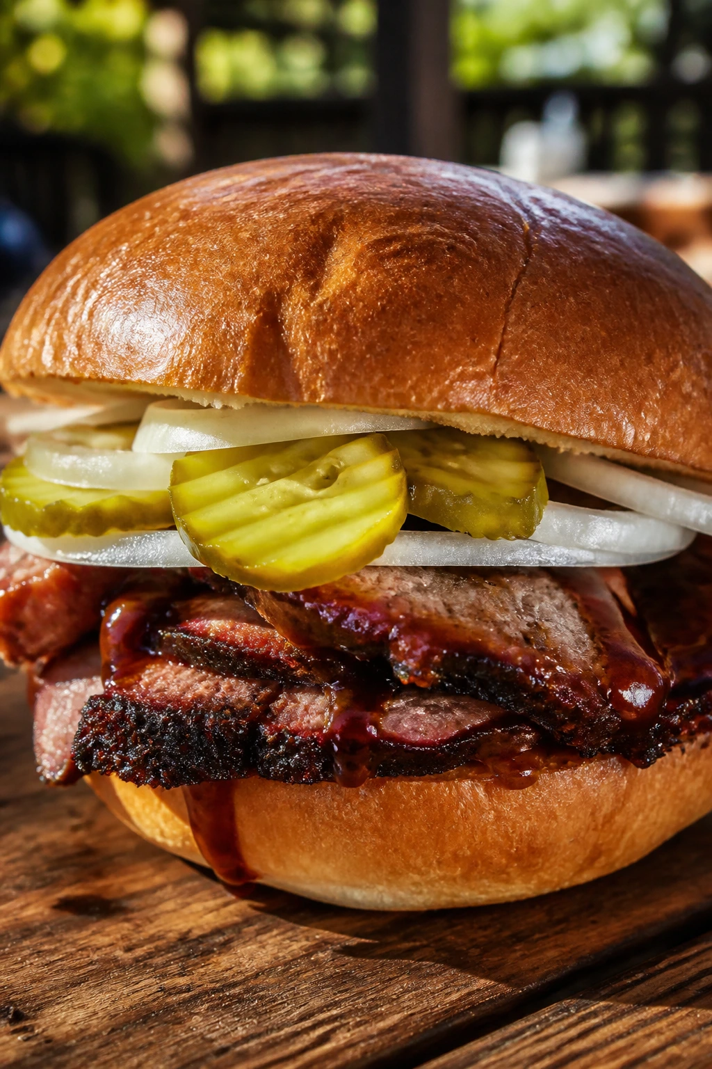 Close-up of brisket sandwich with pickles on a toasted bun