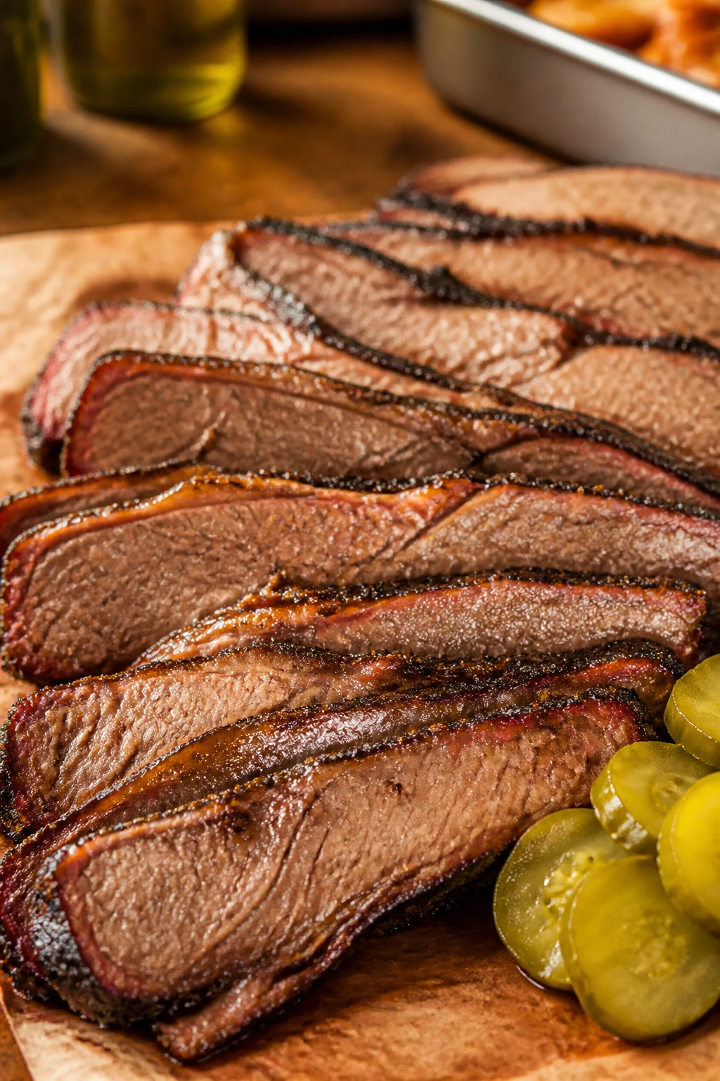 Brisket slices on butcher paper arranged for serving