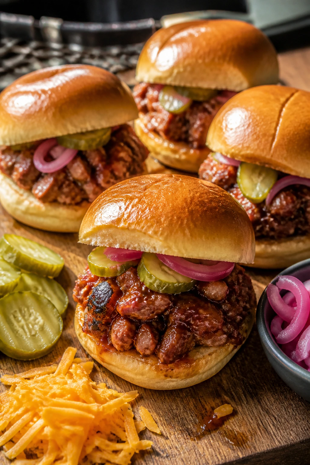 Brisket slider close-up with cheddar and pickles on bun