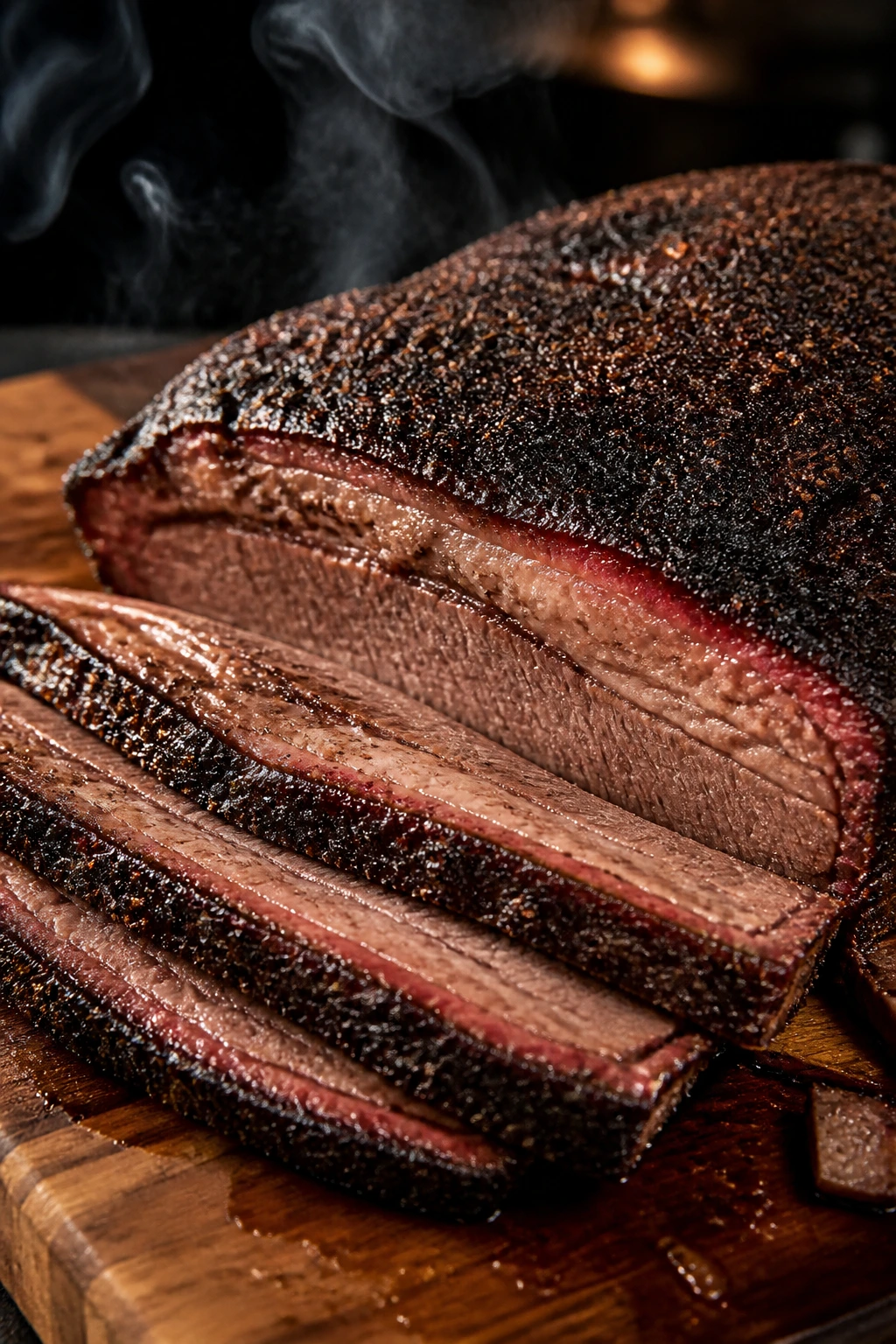 Close-up of pepper-crusted brisket slice with bark on cutting board