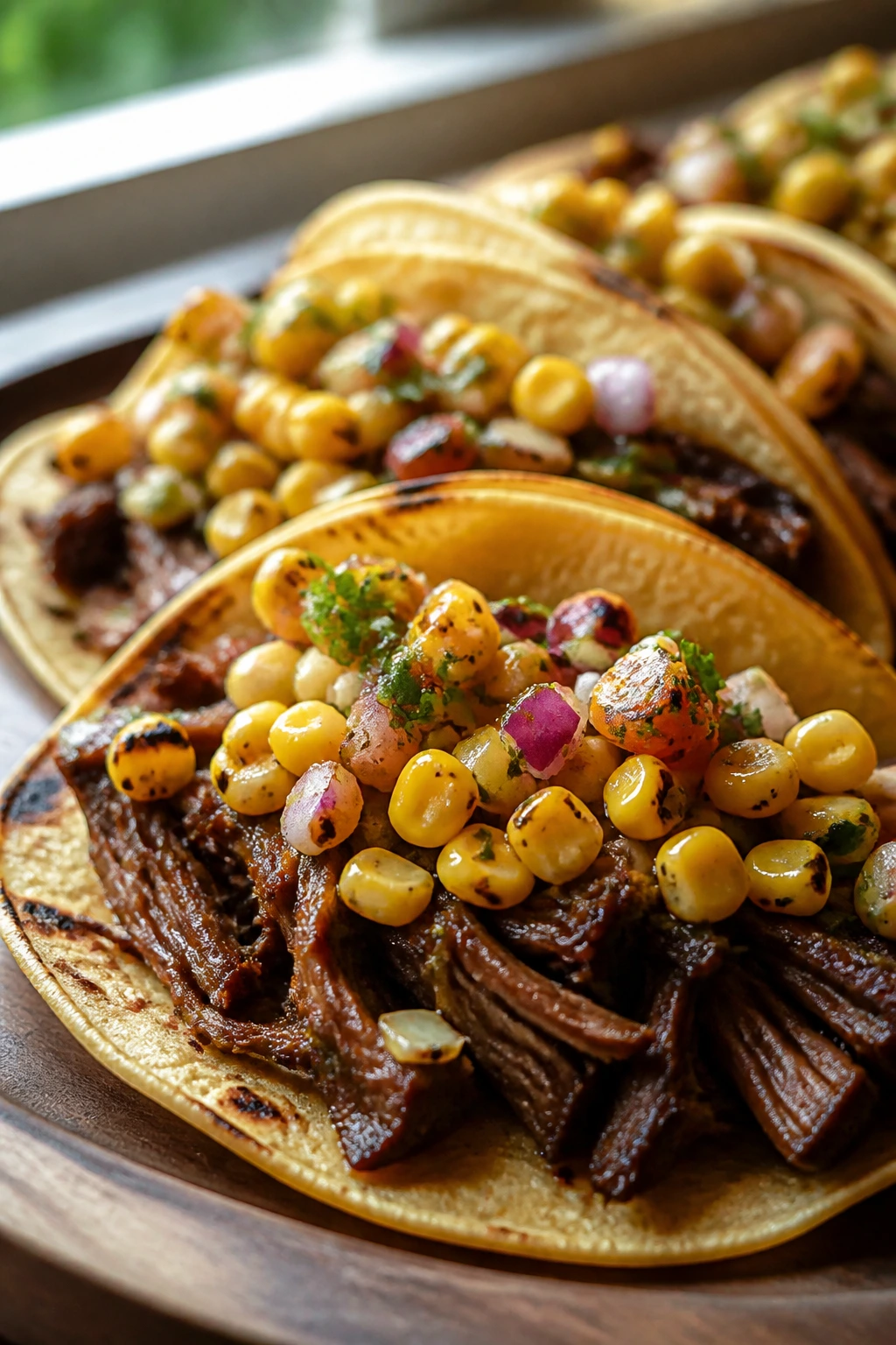 Close-up of brisket tacos with charred corn salsa on a rustic table