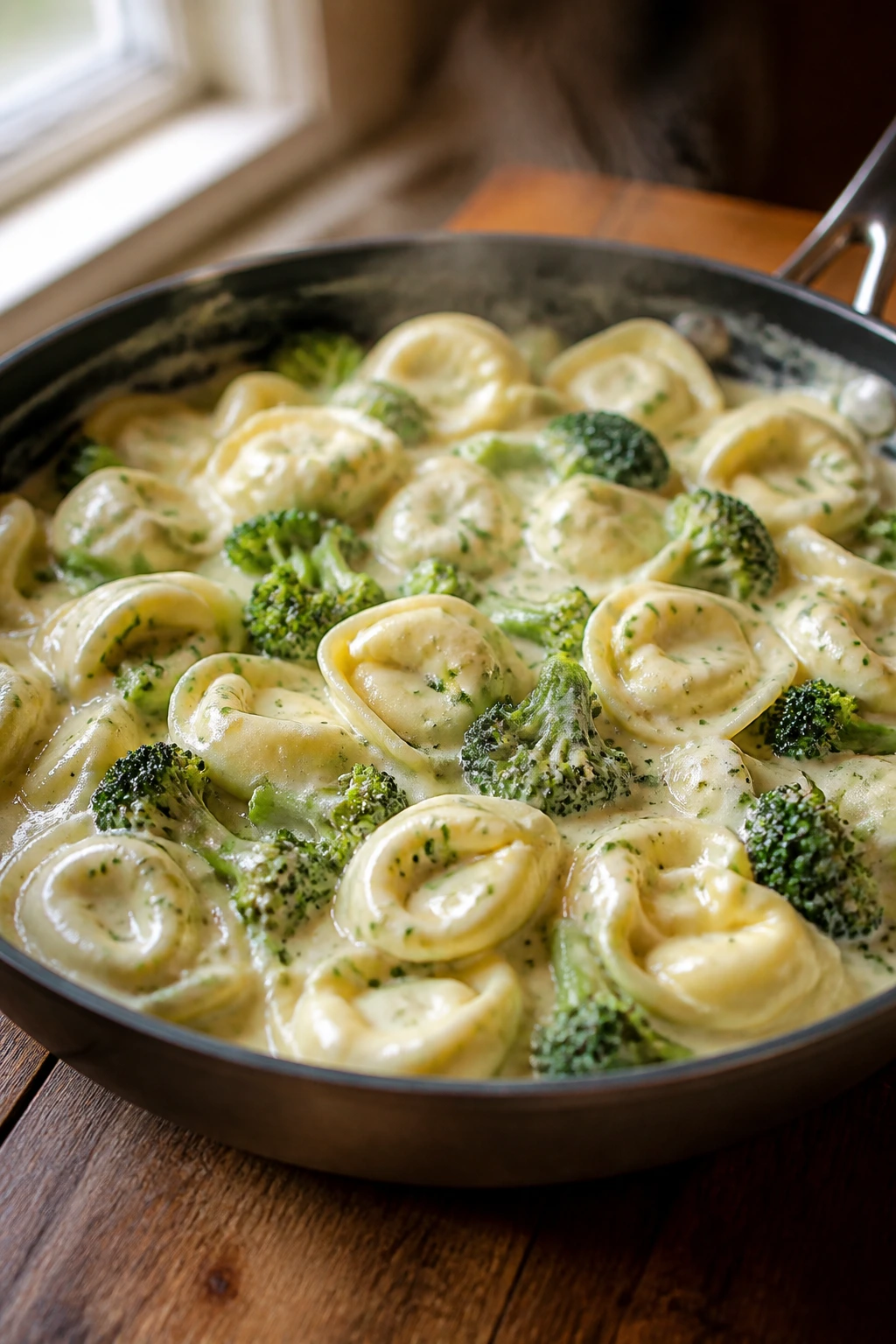 Close-up of broccoli Alfredo tortellini in a skillet with broccoli florets in creamy sauce