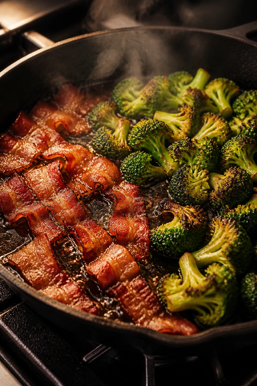 Skillet showing broccoli browning and bacon rendering in action