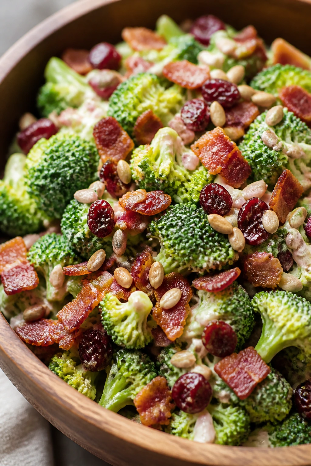 Close-up of Broccoli Salad with Bacon and Cranberries in a bowl.
