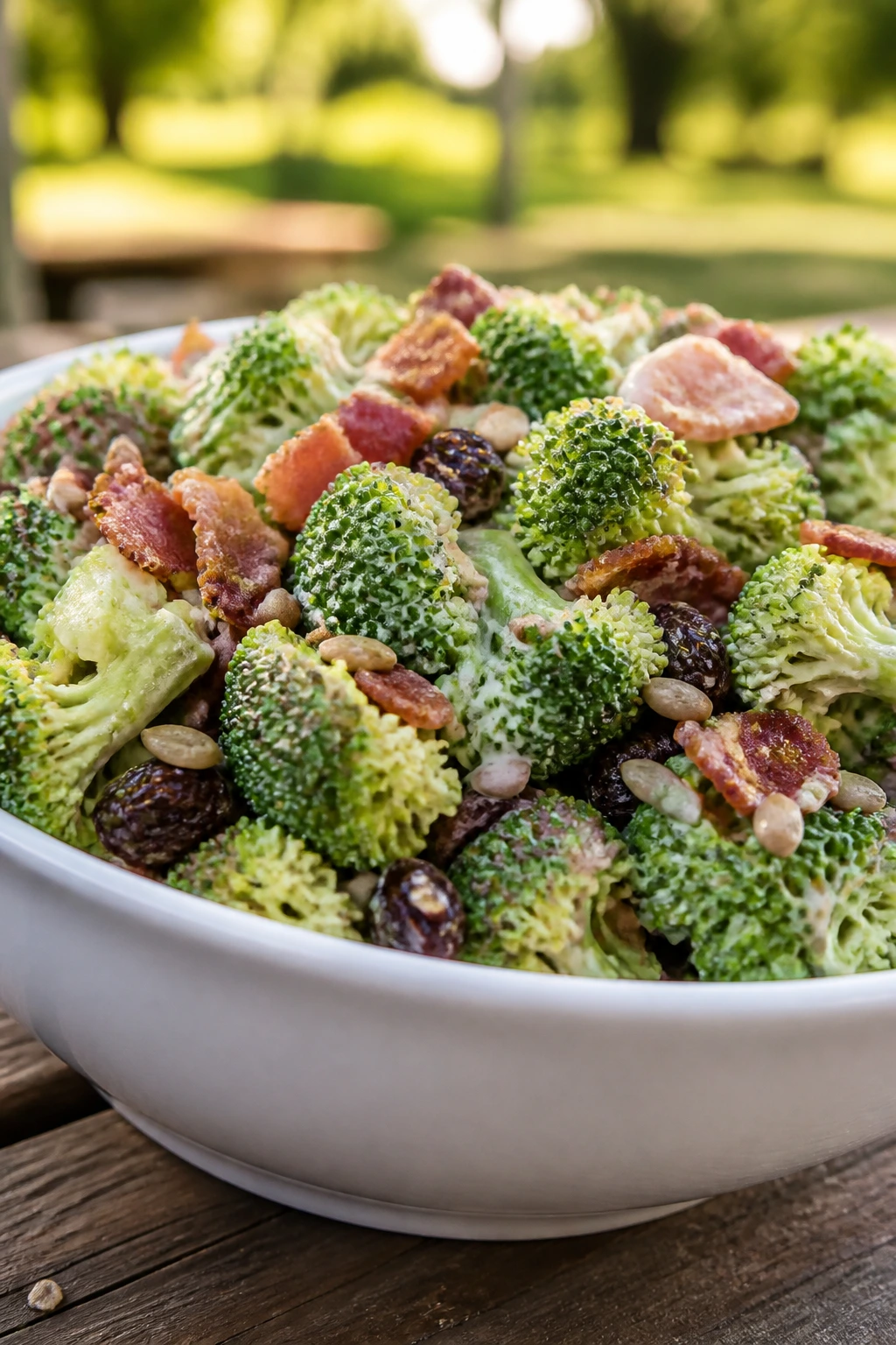 Close-up of broccoli bacon salad in a bowl on a sunny outdoor picnic table