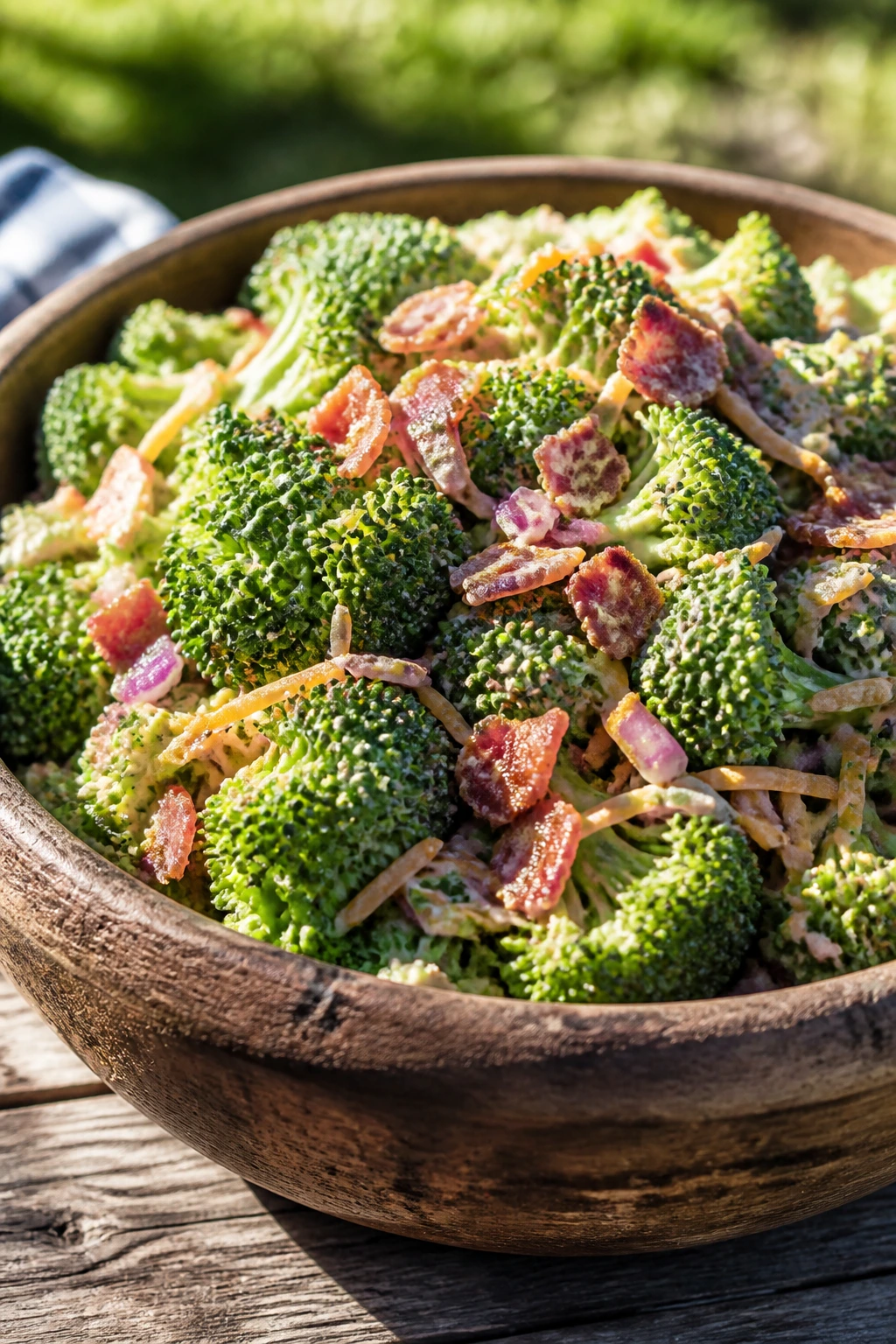 Close-up of broccoli bacon salad in a rustic bowl on a park picnic table