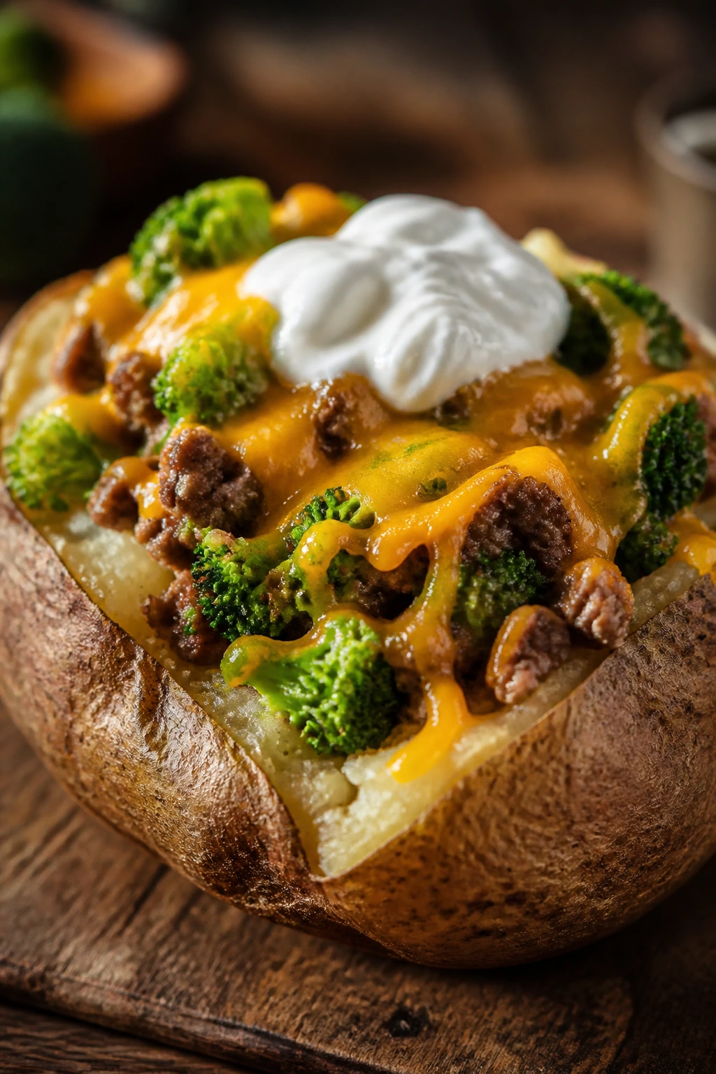 Close-up of a split baked potato filled with beef, broccoli, cheddar, and sour cream
