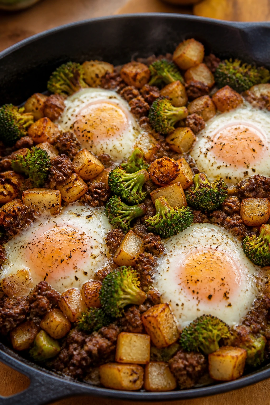 Skillet hash with potatoes, beef, broccoli and eggs