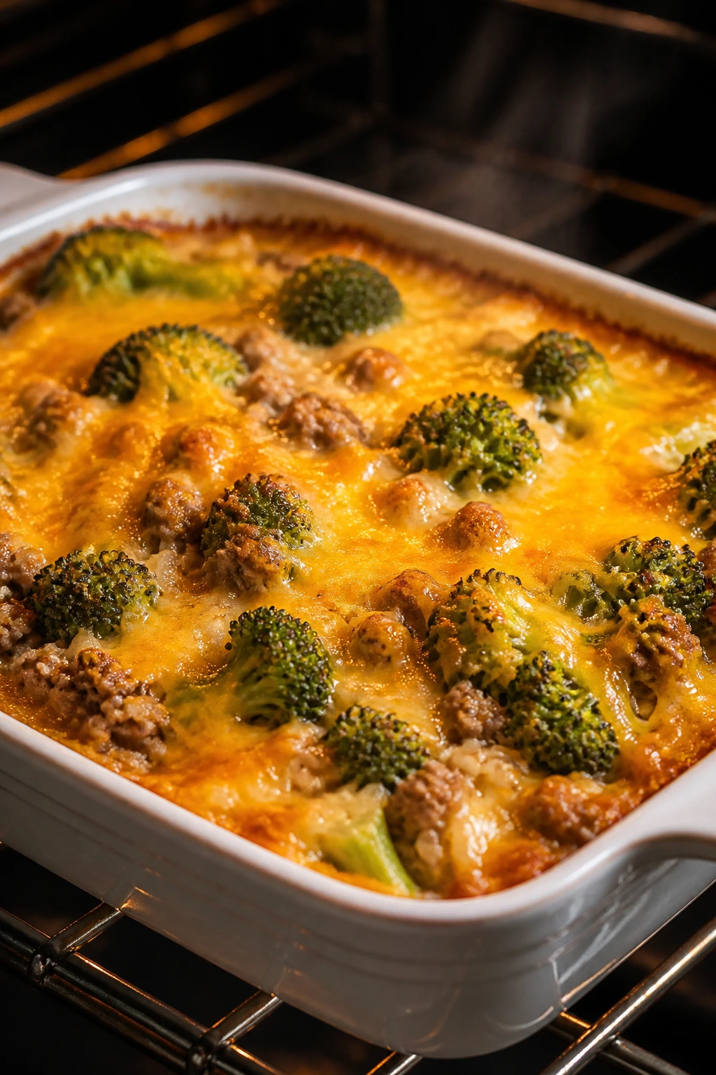 Oven-baked casserole with broccoli, beef, cheddar and rice bubbling