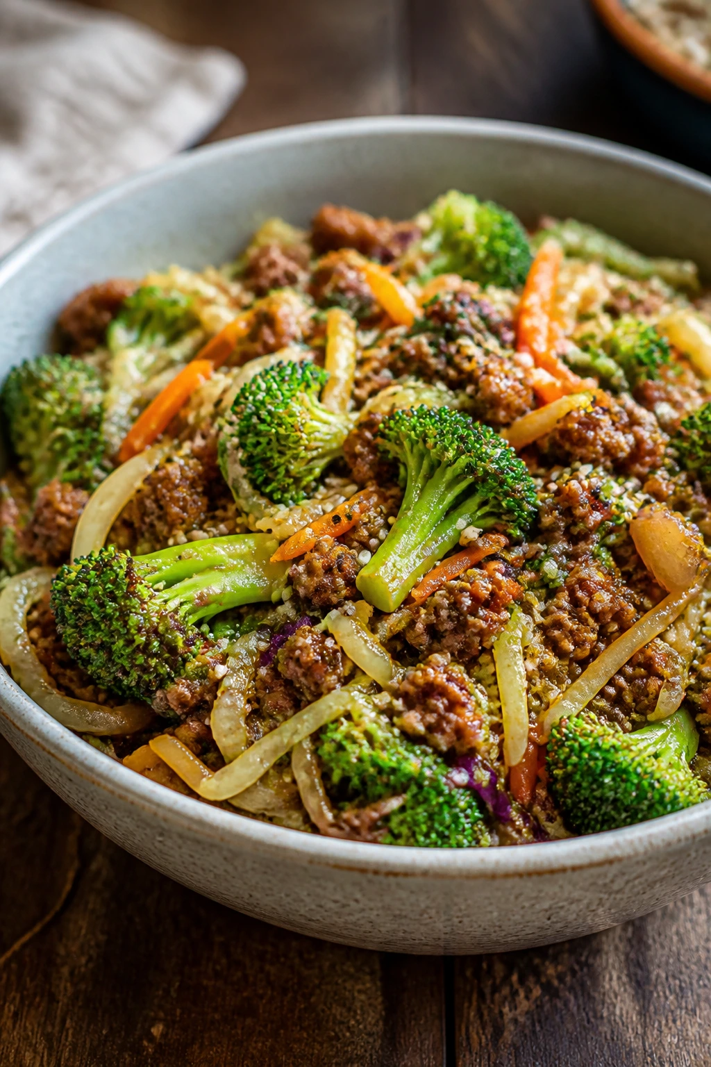 Beef and broccoli egg roll in a bowl in a steaming bowl