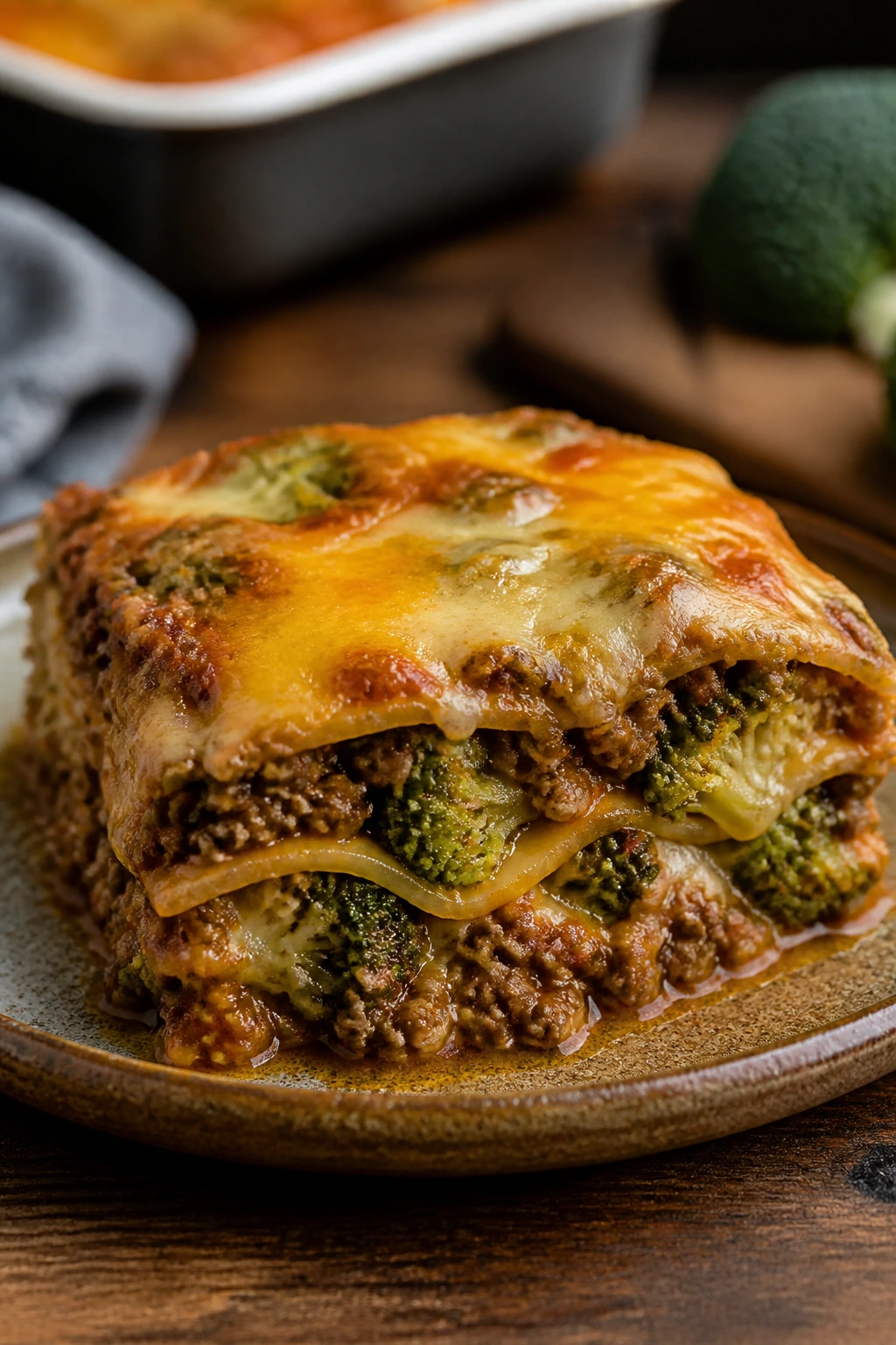 Slice of broccoli beef enchilada bake on plate